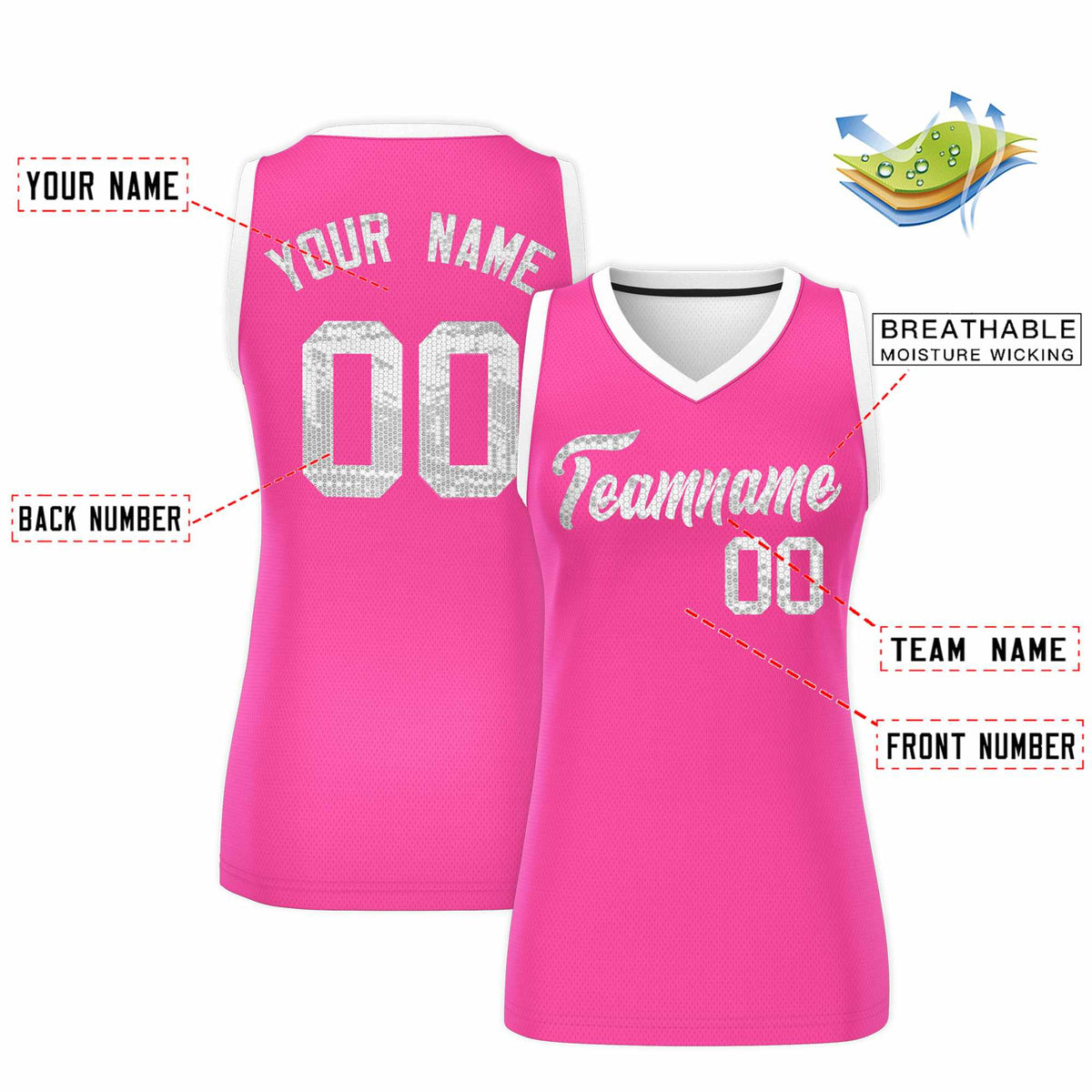 Custom Pink White Women Basketball Jersey Sequined Dress