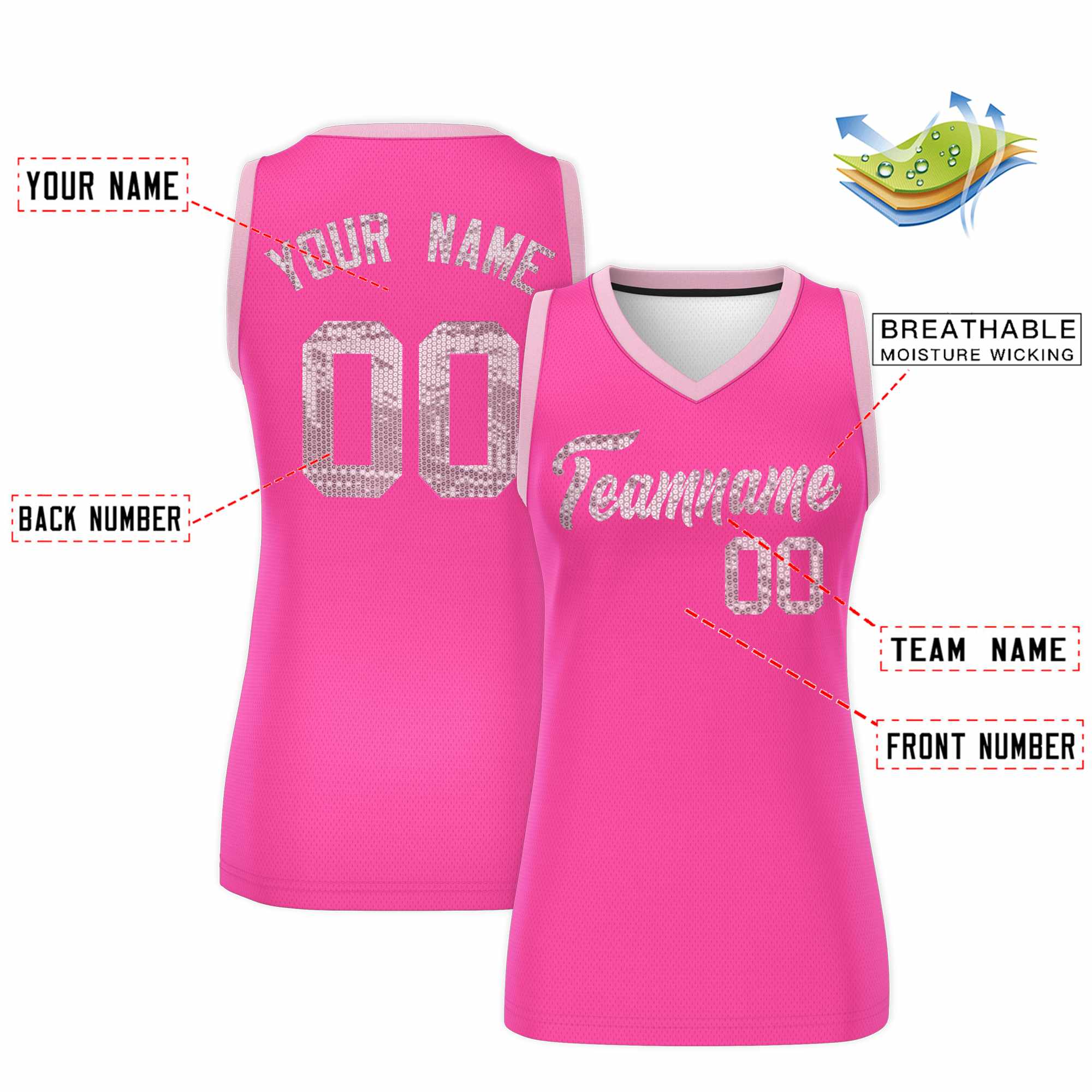 Custom Pink Light Pink Women Basketball Jersey Sequined Dress