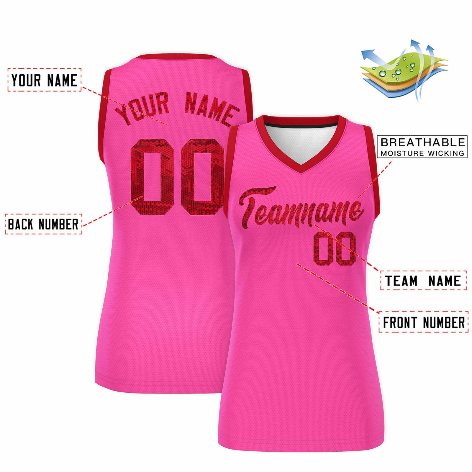 Custom Pink Red Women Basketball Jersey Sequined Dress