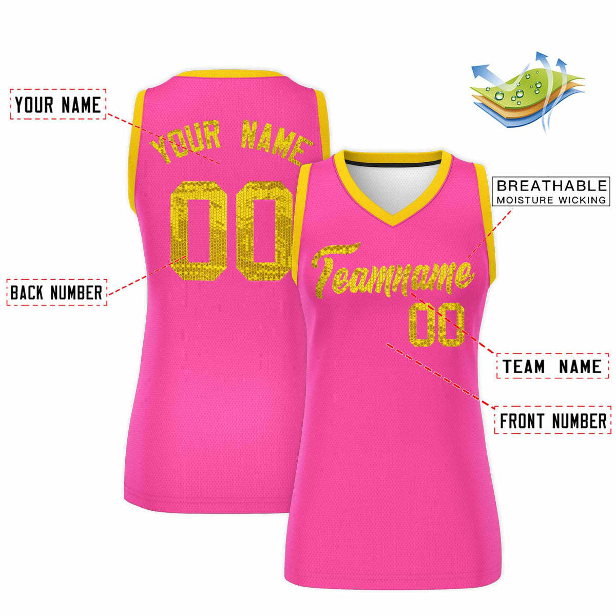 Custom Pink Gold Women Basketball Jersey Sequined Dress