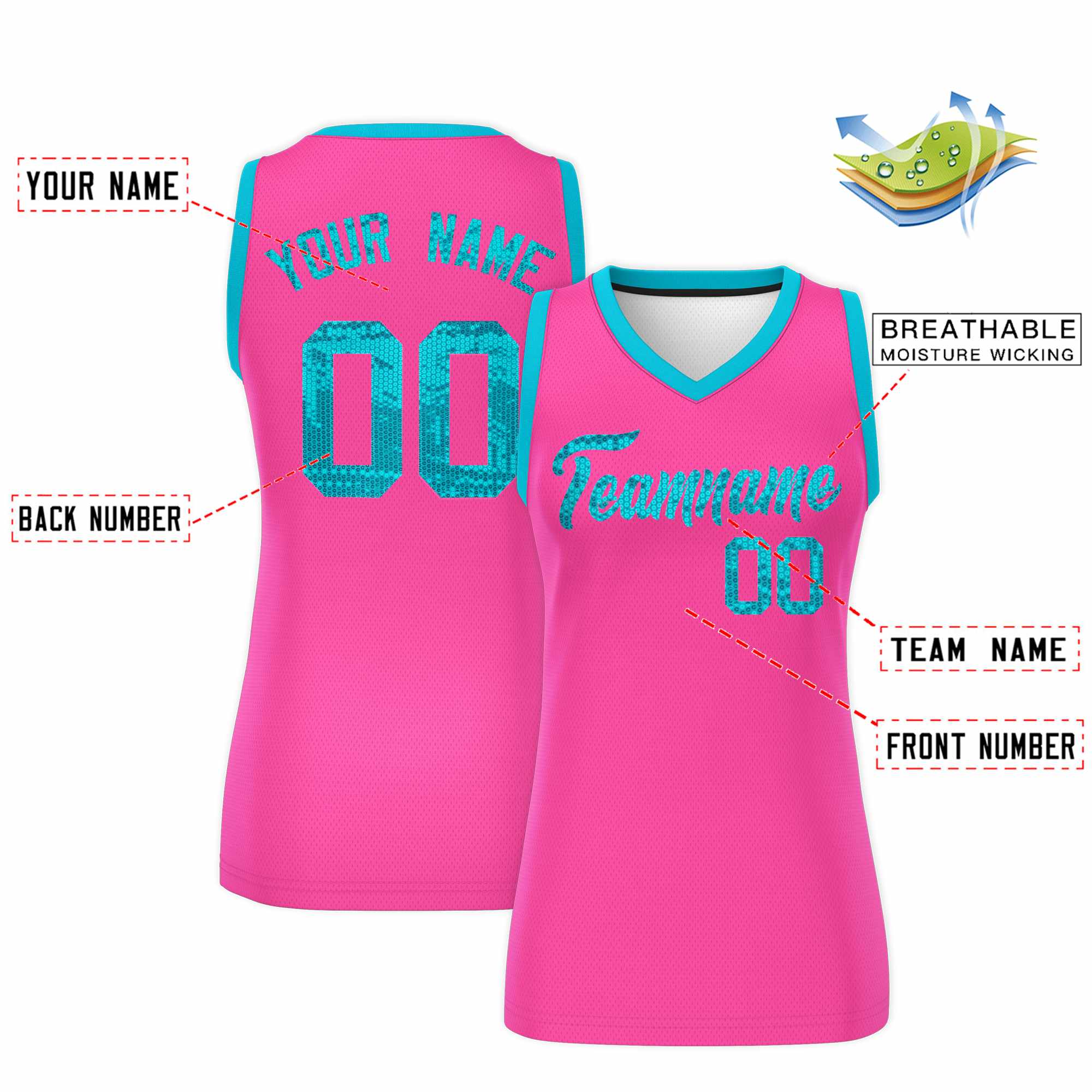 Custom Pink Sky Blue Women Basketball Jersey Sequined Dress