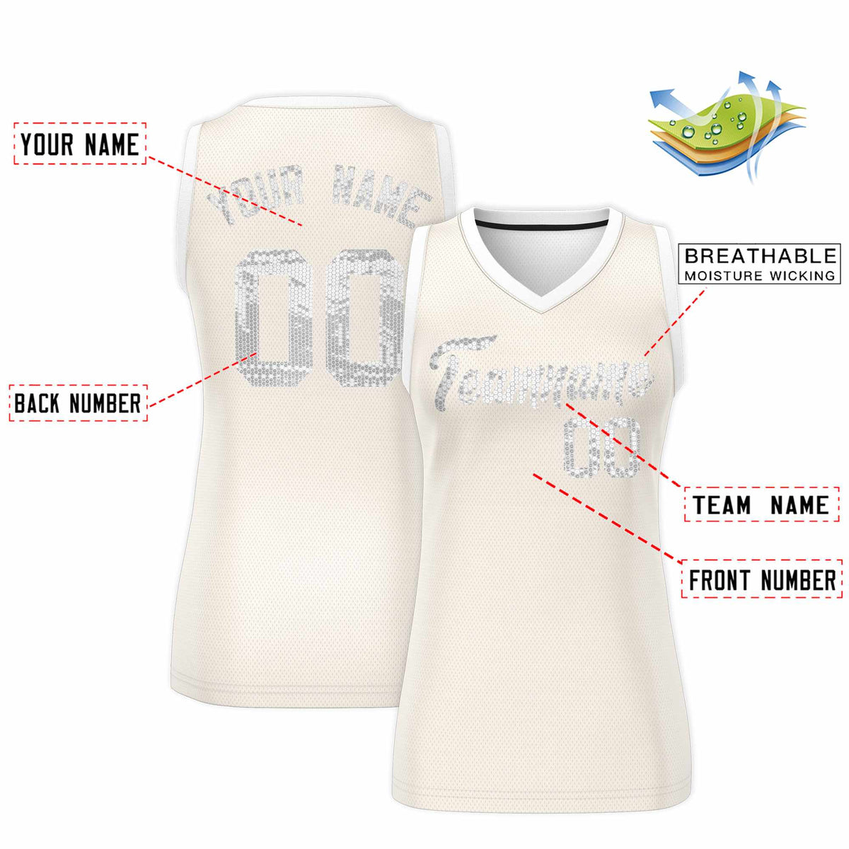 Custom Cream White Women Basketball Jersey Sequined Dress