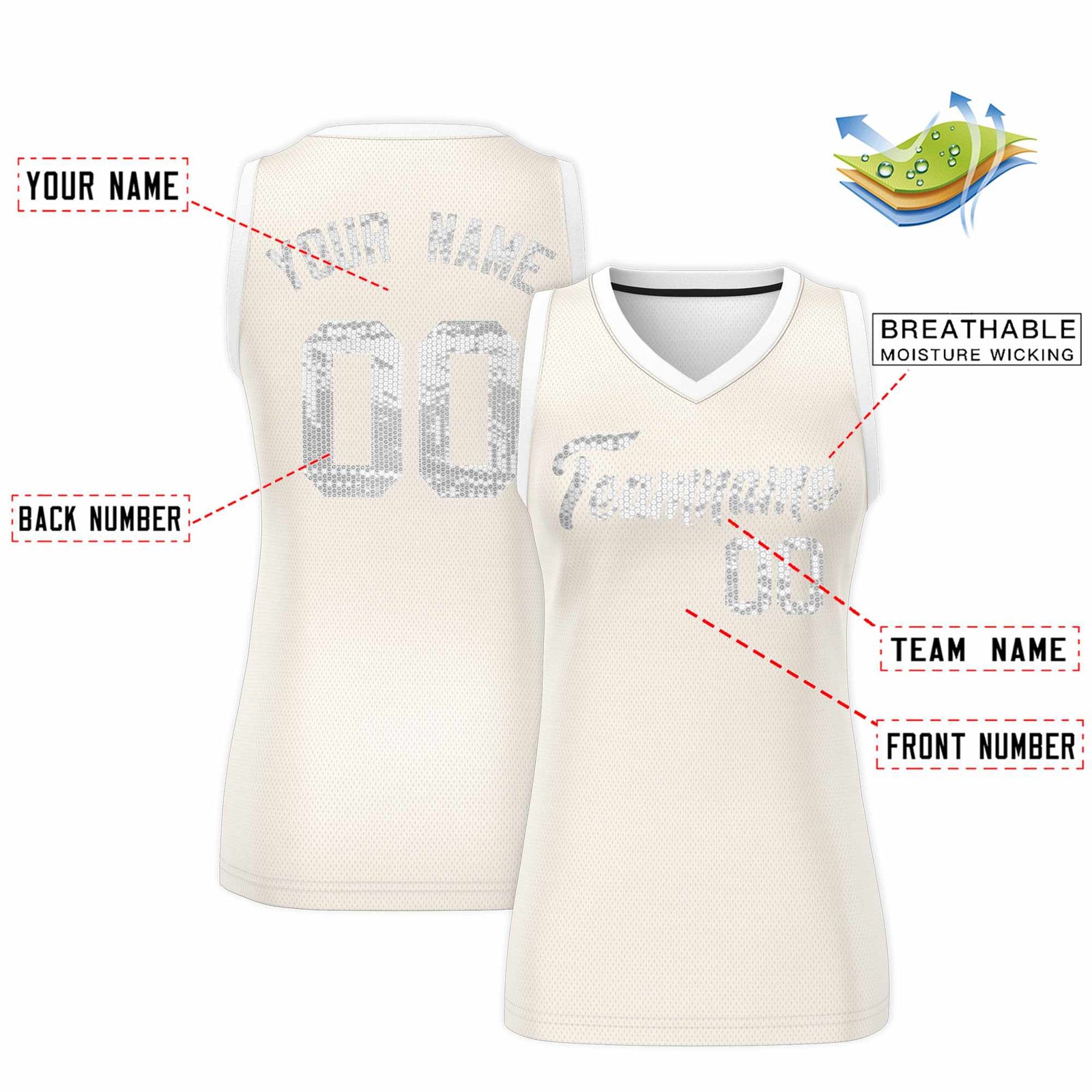 Custom Cream White Women Basketball Jersey Sequined Dress