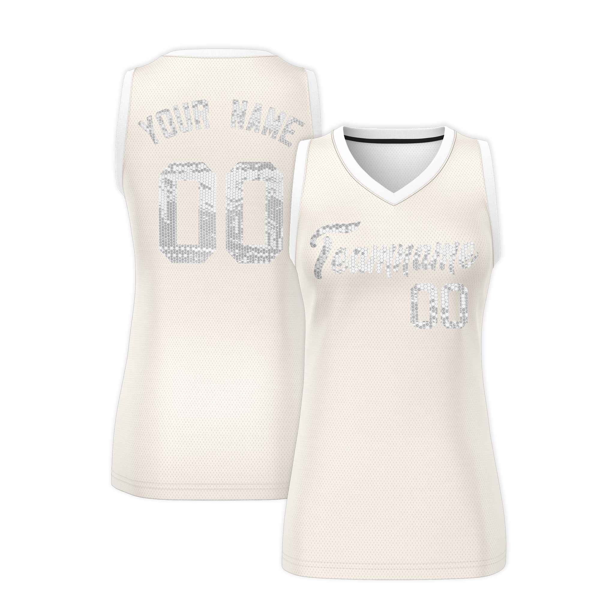 Custom Cream White Women Basketball Jersey Sequined Dress