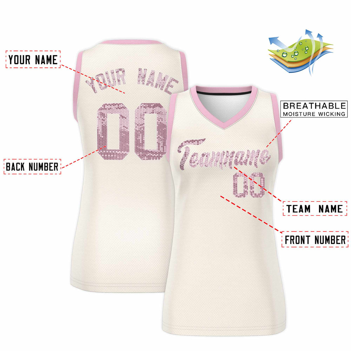 Custom Cream Light Pink Women Basketball Jersey Sequined Dress