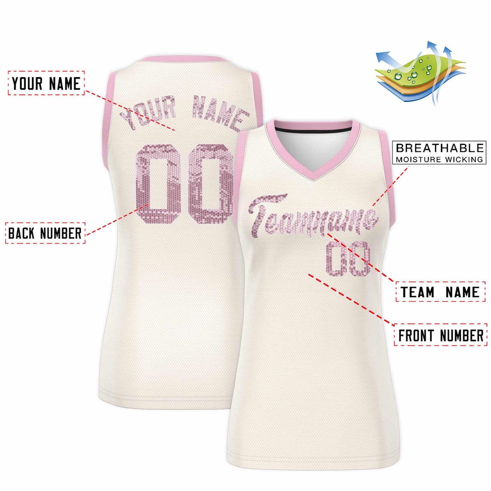Custom Cream Light Pink Women Basketball Jersey Sequined Dress