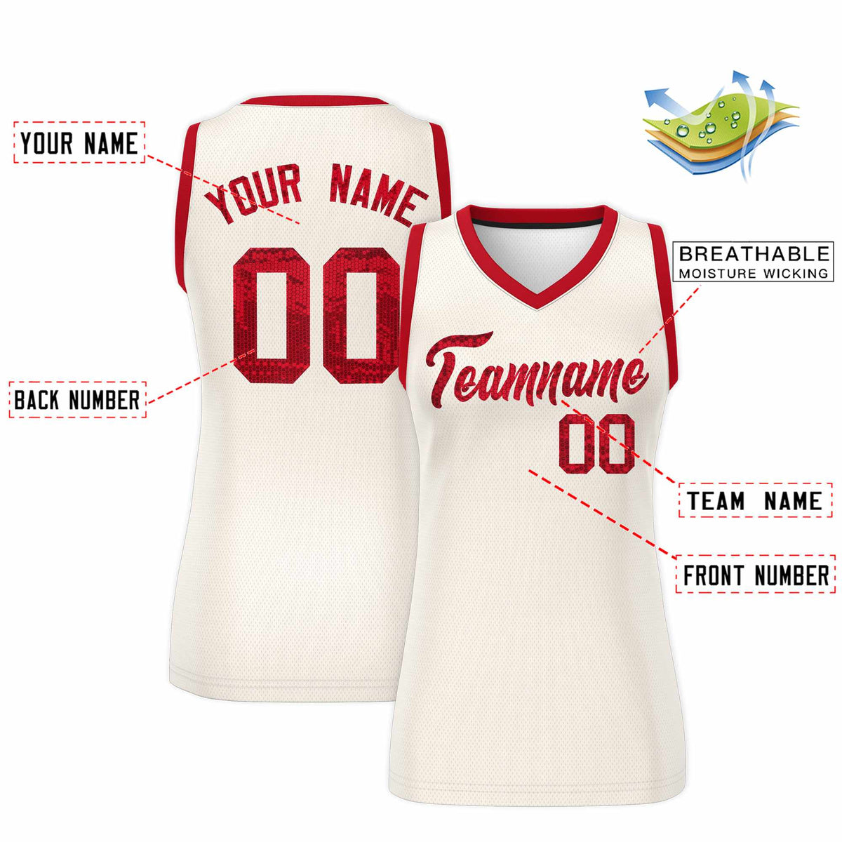 Custom Cream Red Women Basketball Jersey Sequined Dress
