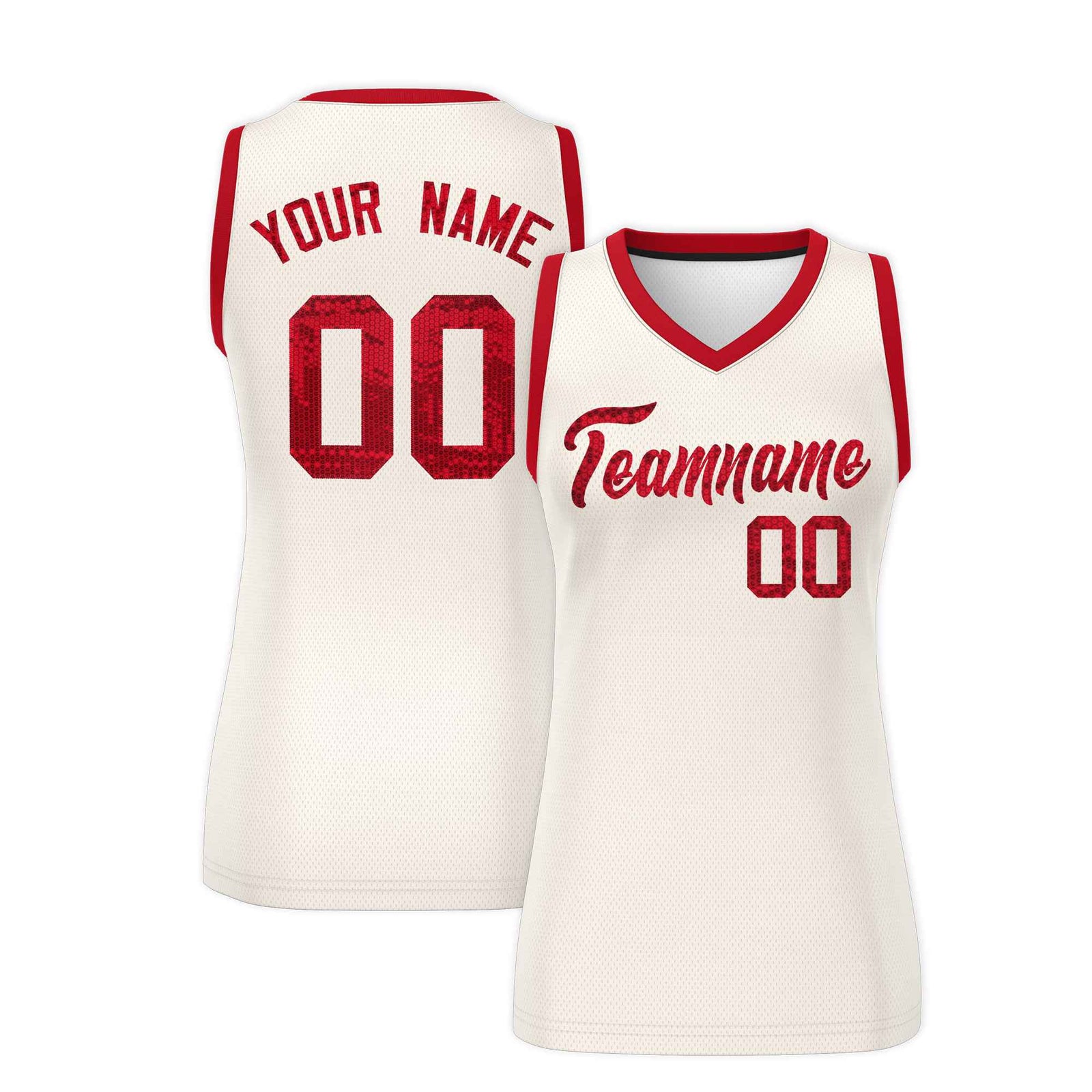 Custom Cream Red Women Basketball Jersey Sequined Dress