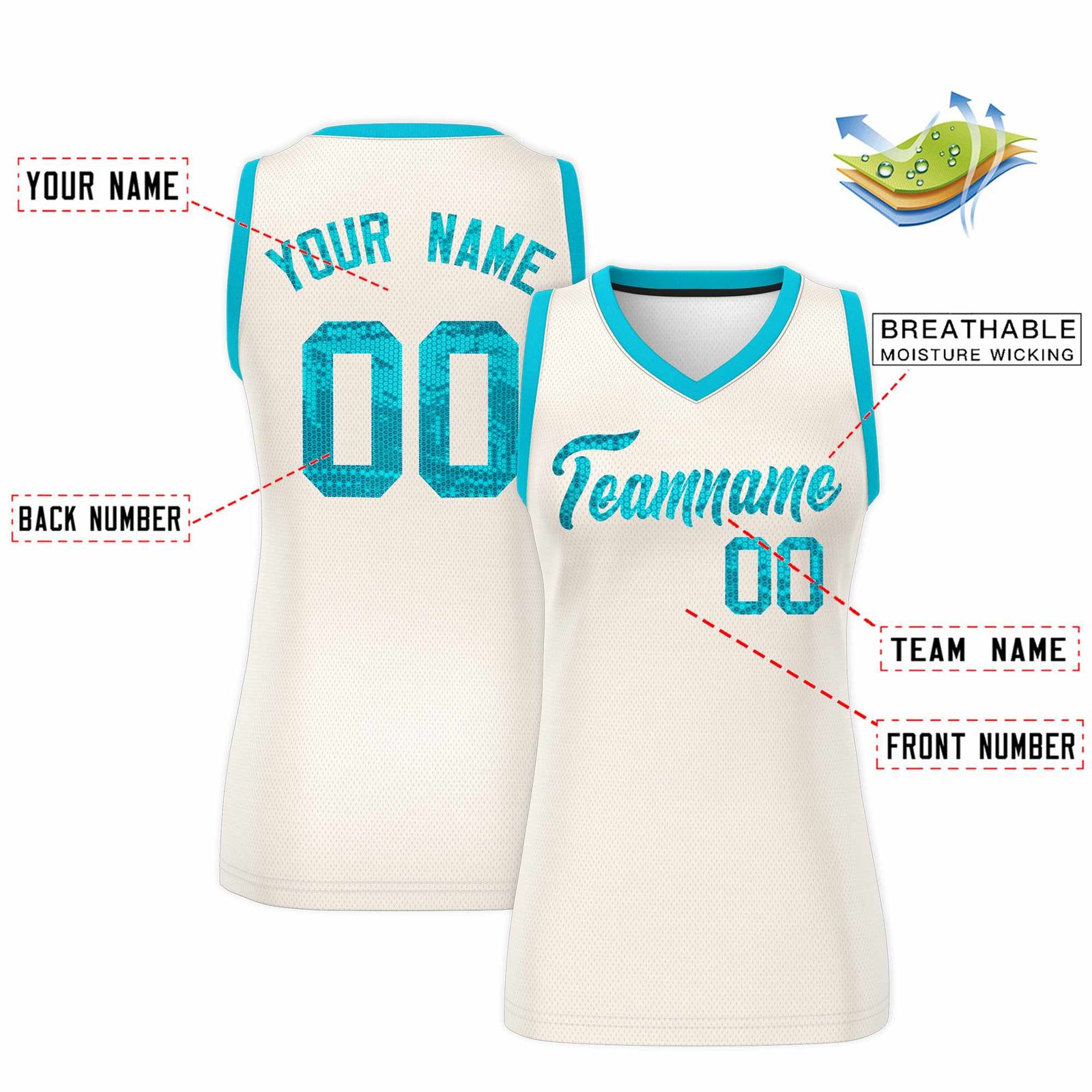 Custom Cream Sky Blue Women Basketball Jersey Sequined Dress