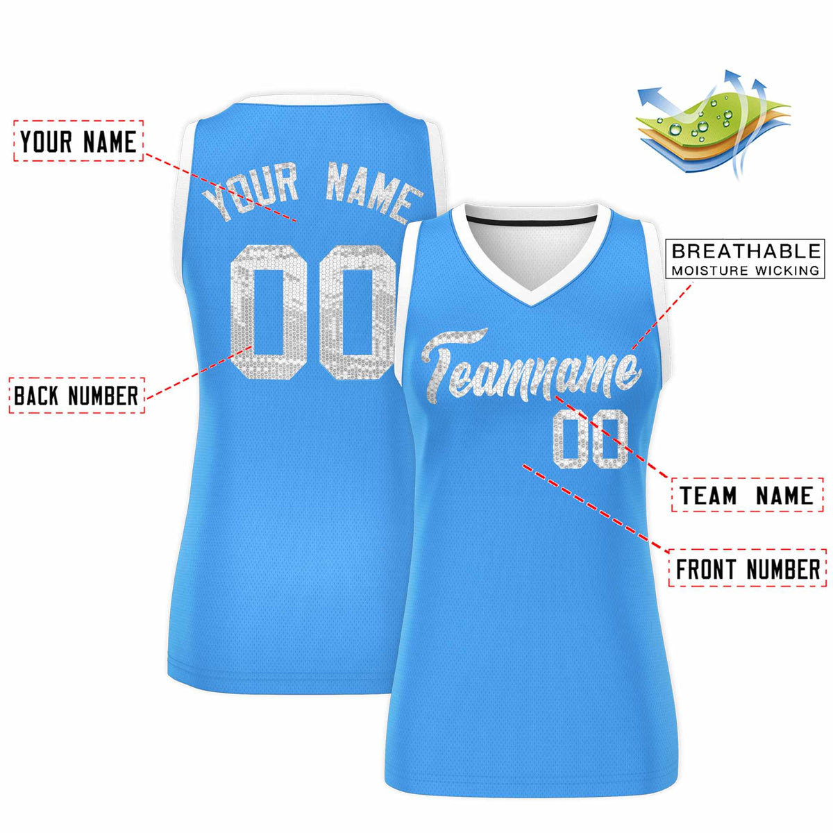 Custom Powder Blue White Women Basketball Jersey Sequined Dress