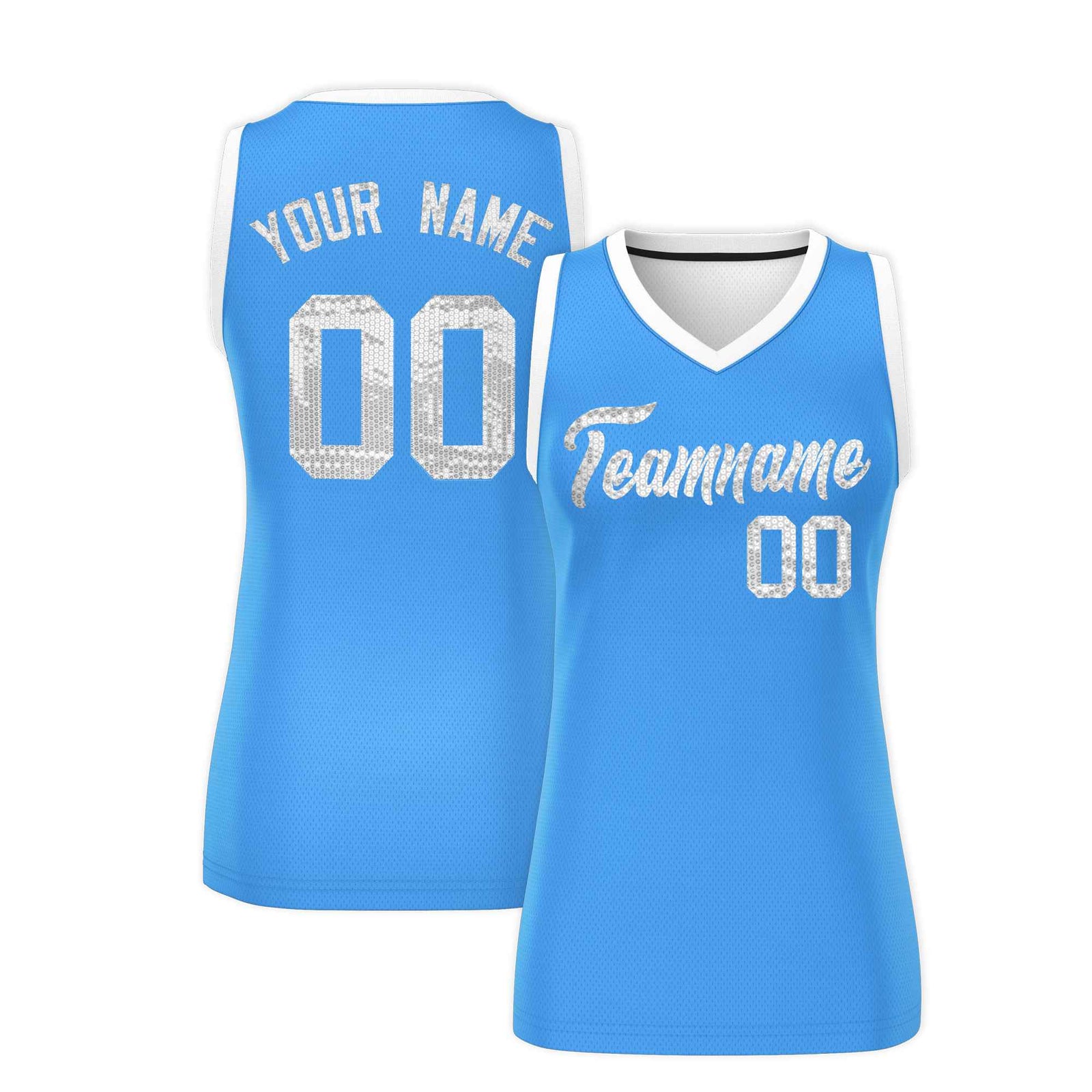Custom Powder Blue White Women Basketball Jersey Sequined Dress