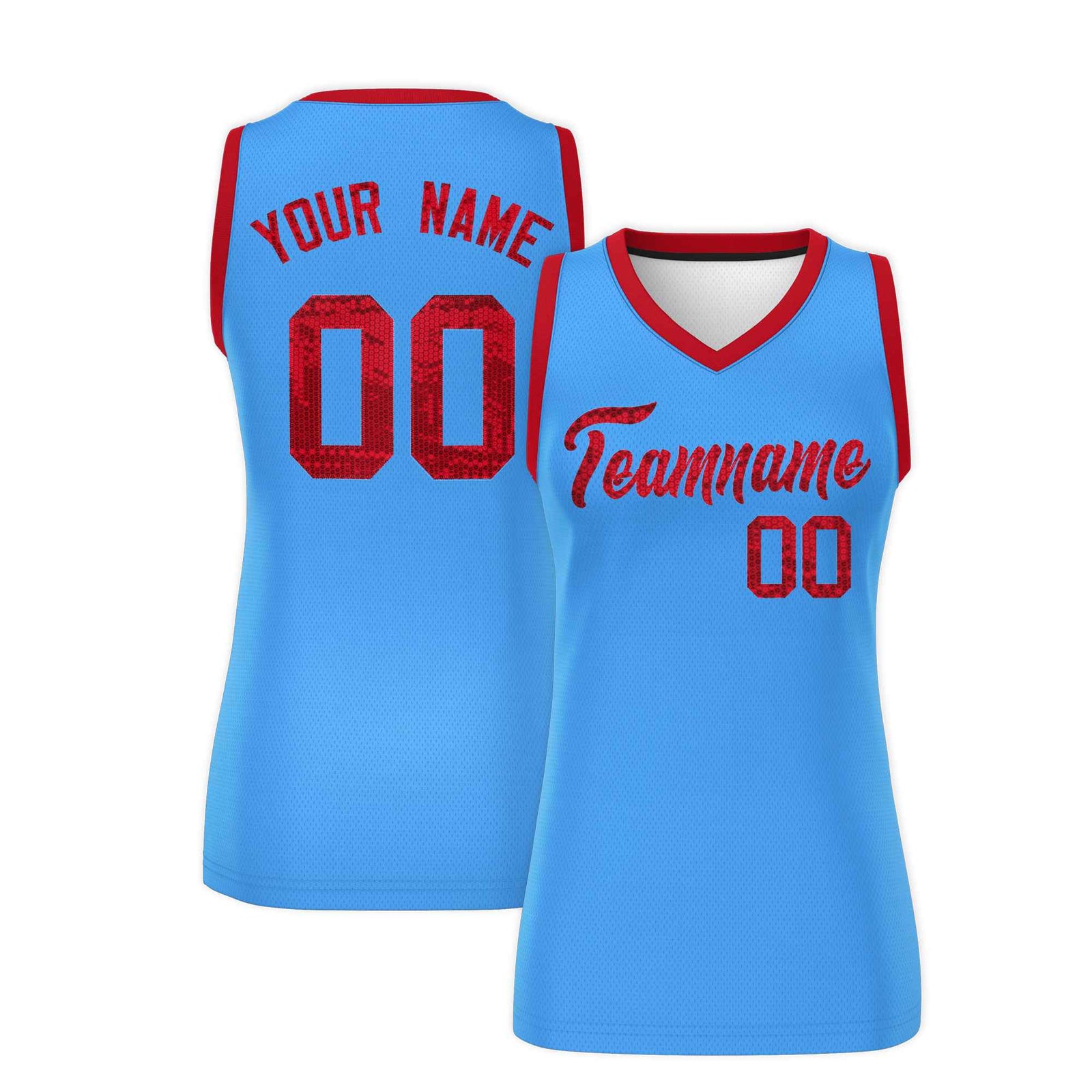 Custom Powder Blue Red Women Basketball Jersey Sequined Dress