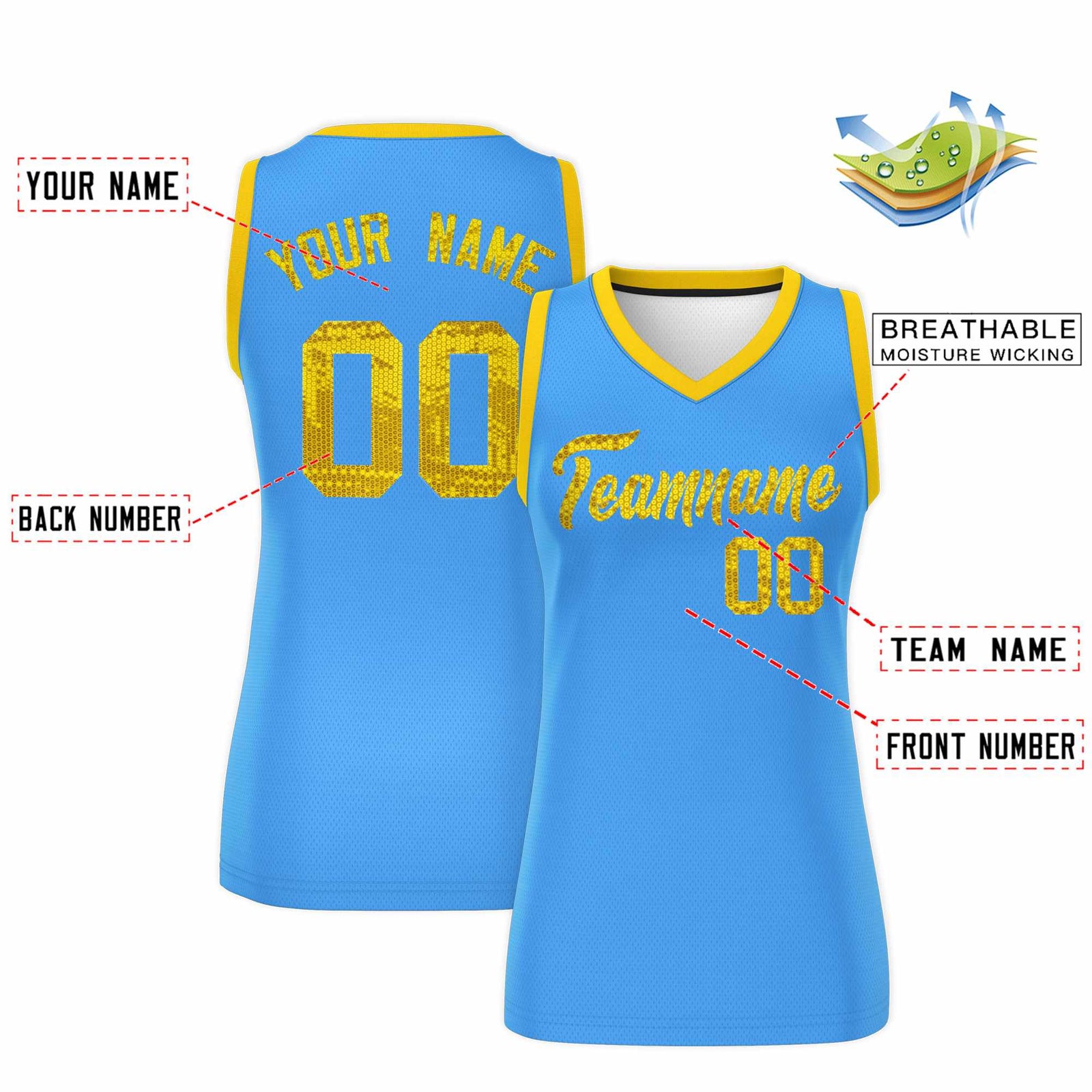 Custom Powder Blue Gold Women Basketball Jersey Sequined Dress