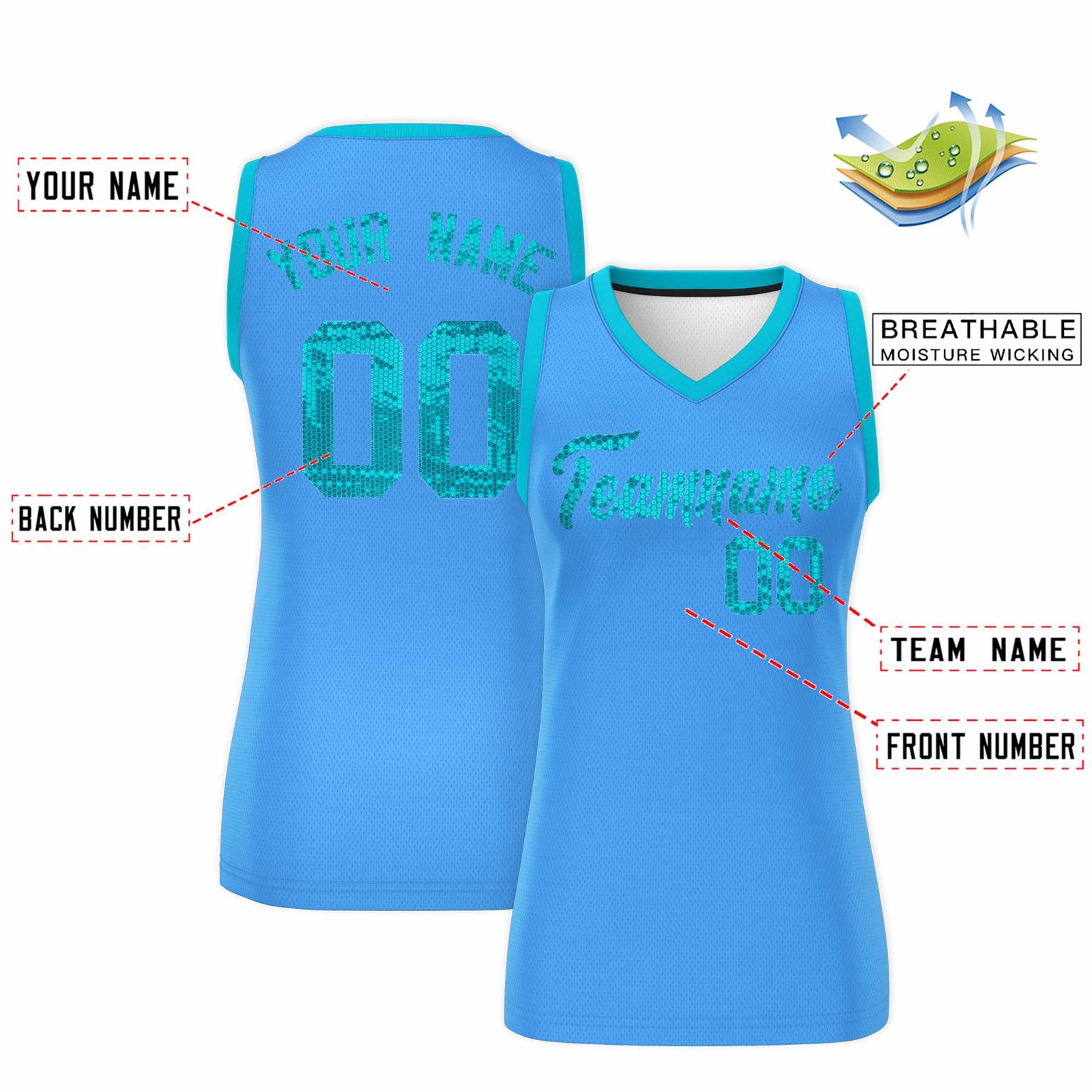 Custom Powder Blue Sky Blue Women Basketball Jersey Sequined Dress