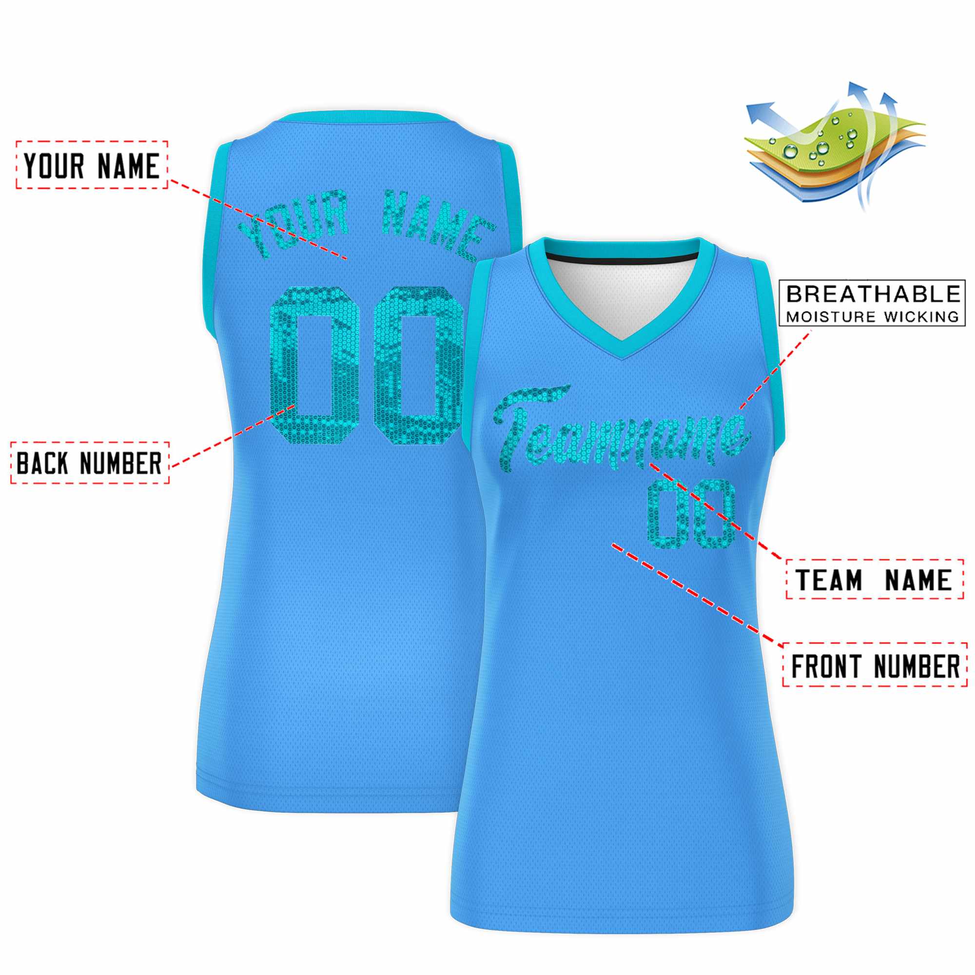 Custom Powder Blue Sky Blue Women Basketball Jersey Sequined Dress