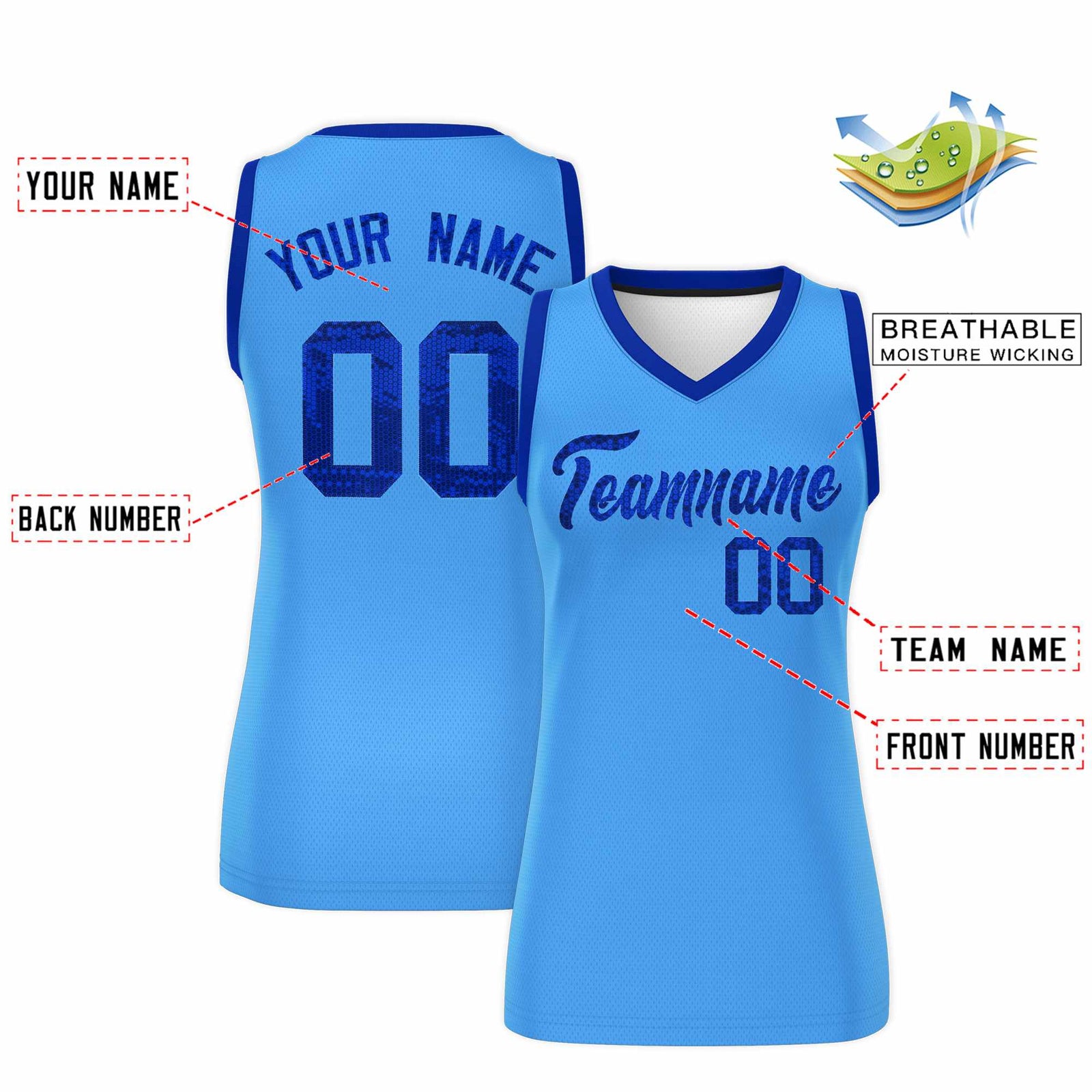 Custom Powder Blue Royal Women Basketball Jersey Sequined Dress