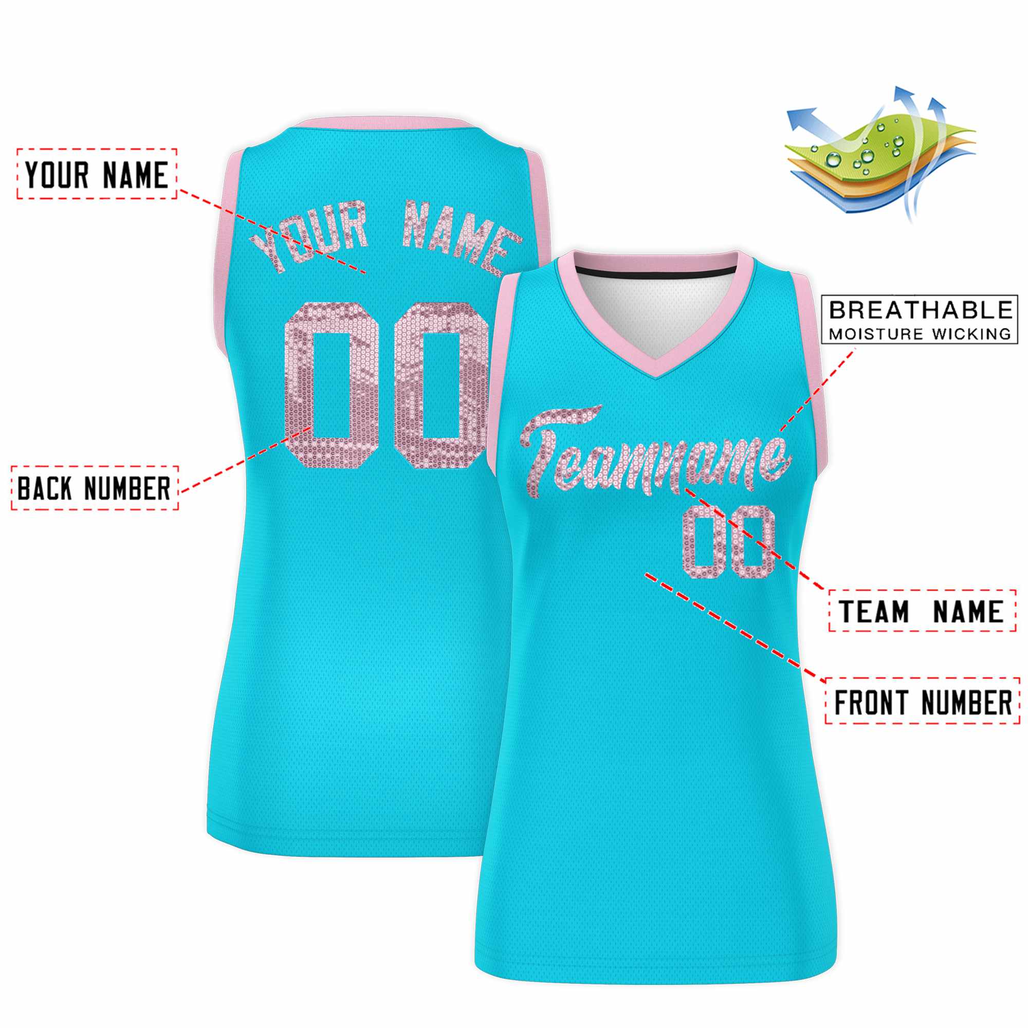 Custom Sky Blue Light Pink Women Basketball Jersey Sequined Dress