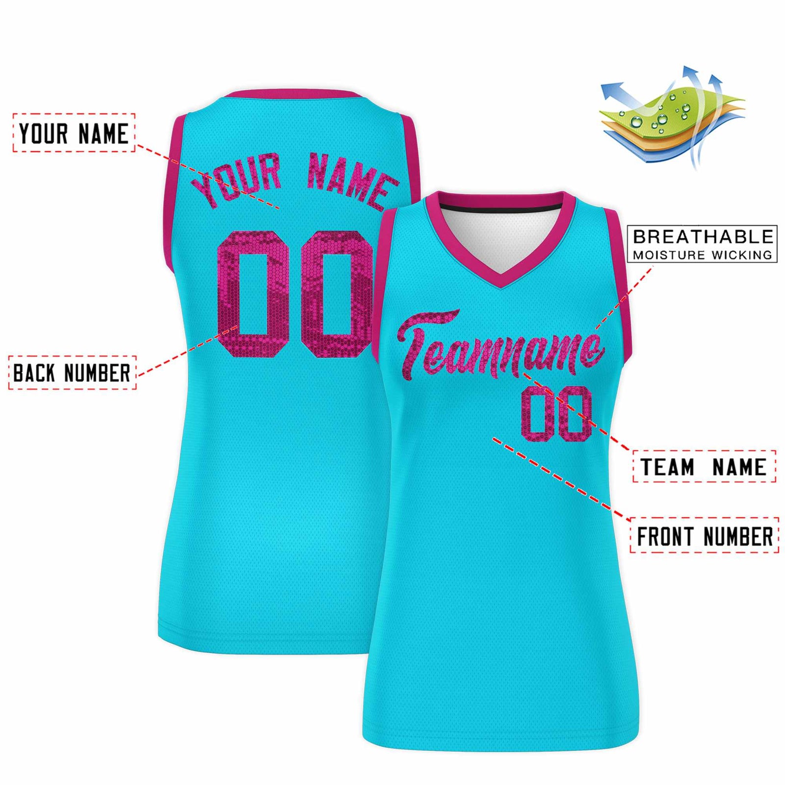 Custom Sky Blue Pink Women Basketball Jersey Sequined Dress