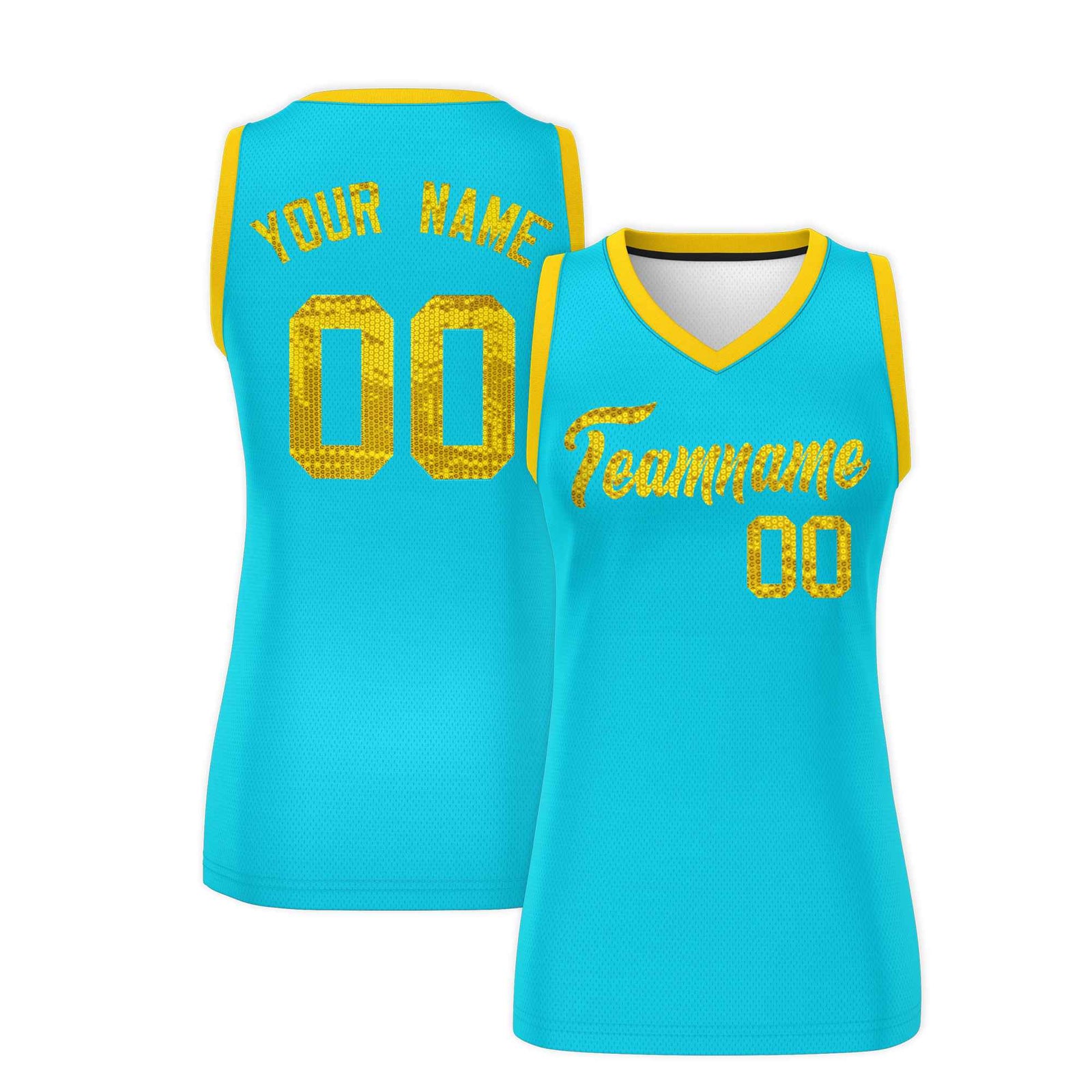 Custom Sky Blue Gold Women Basketball Jersey Sequined Dress