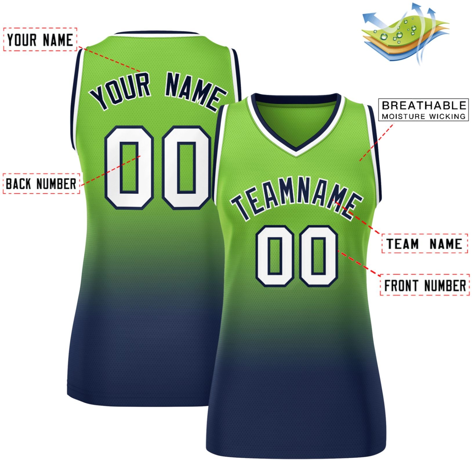 Custom Neon Green Navy Gradient Fashion Tops Mesh Basketball Jersey For Women