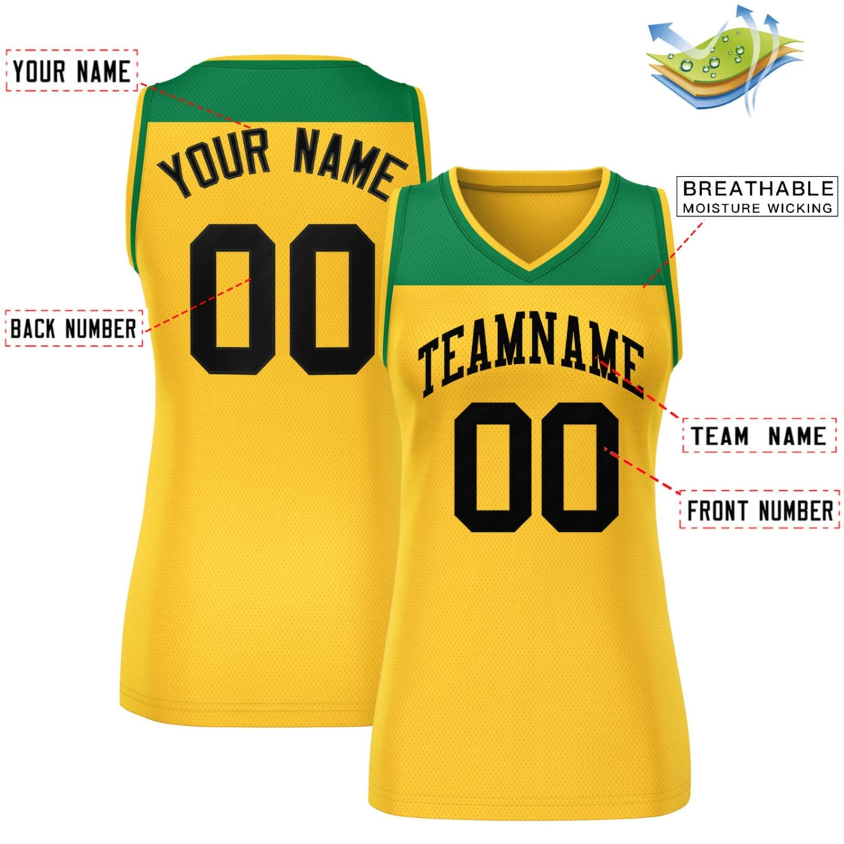 Custom Kelly Green Gold Color Block Fashion Tops Mesh Basketball Jersey For Women