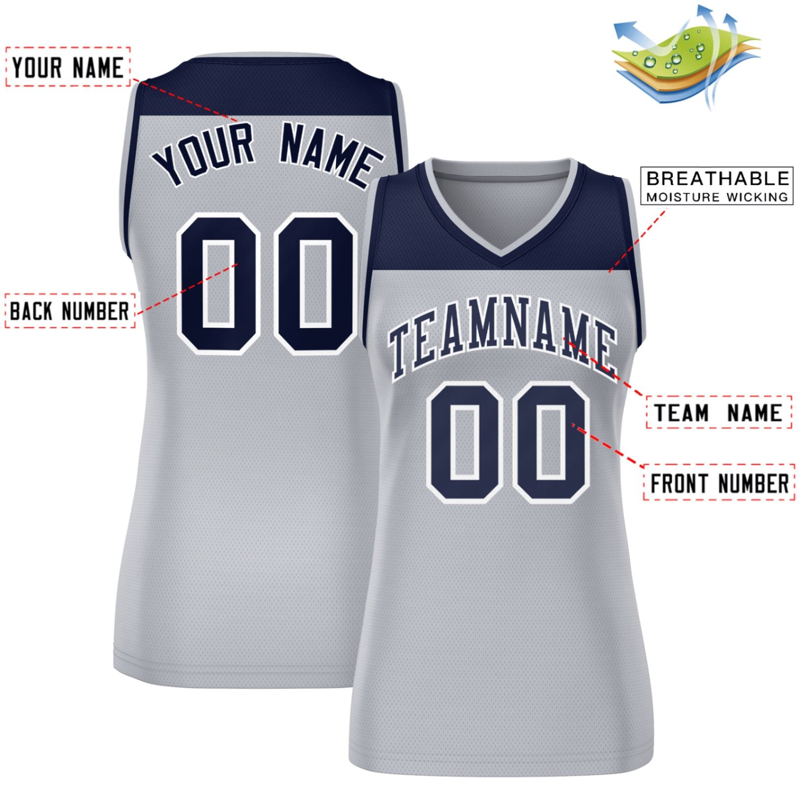Custom Navy Gray Color Block Fashion Tops Mesh Basketball Jersey For Women