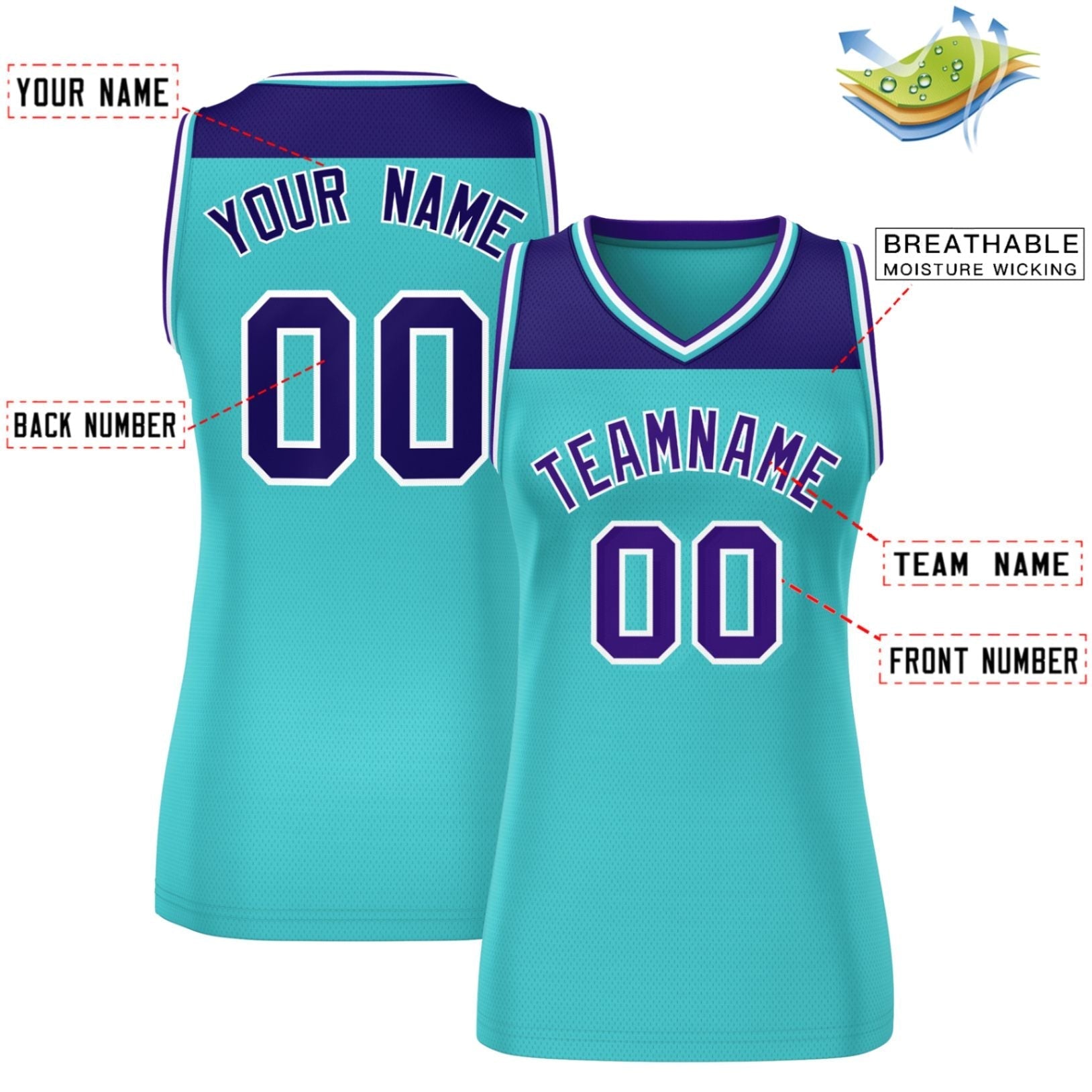 Custom Purple Aqua Color Block Fashion Tops Mesh Basketball Jersey For Women