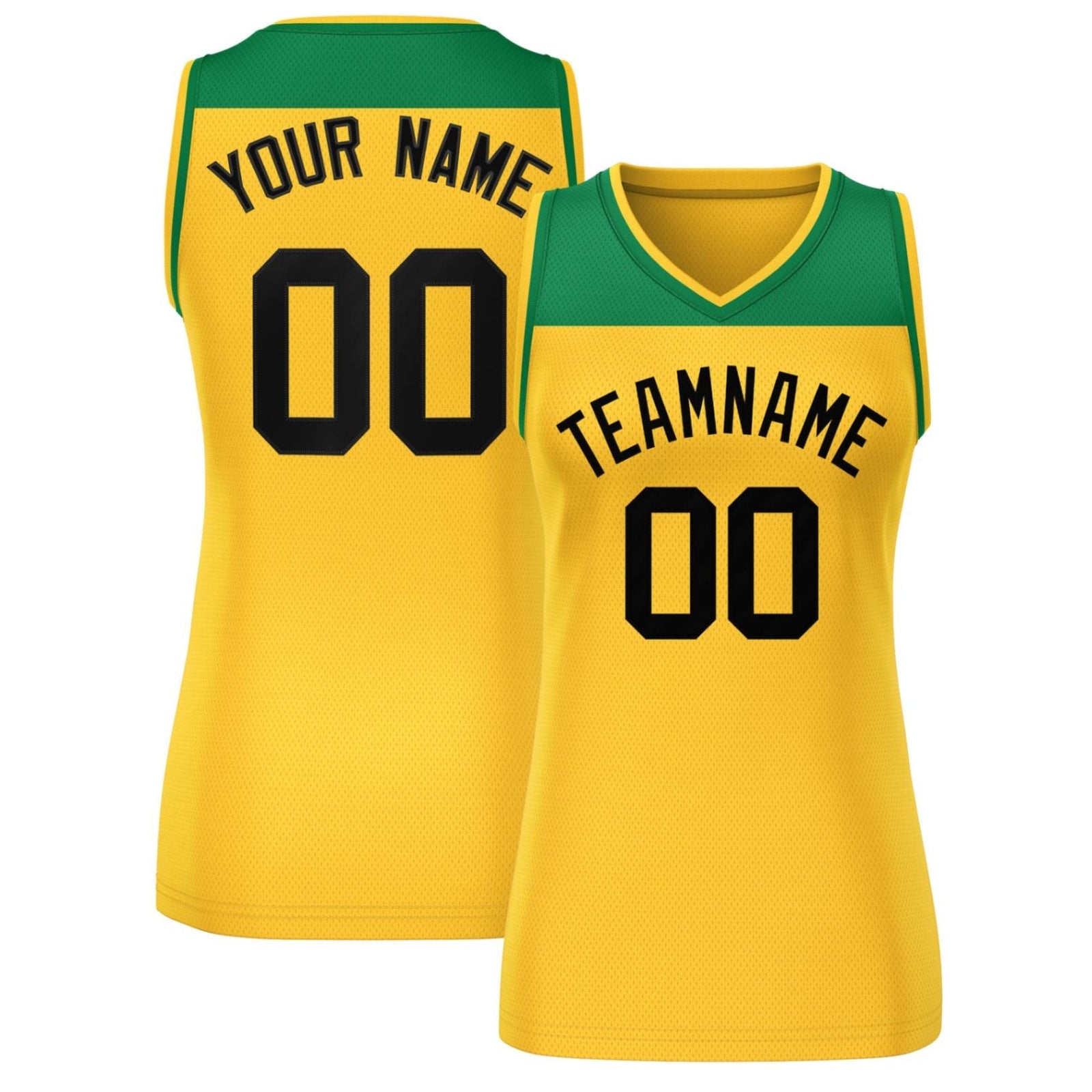 Custom Kelly Green Gold Color Block Fashion Tops Mesh Basketball Jersey For Women