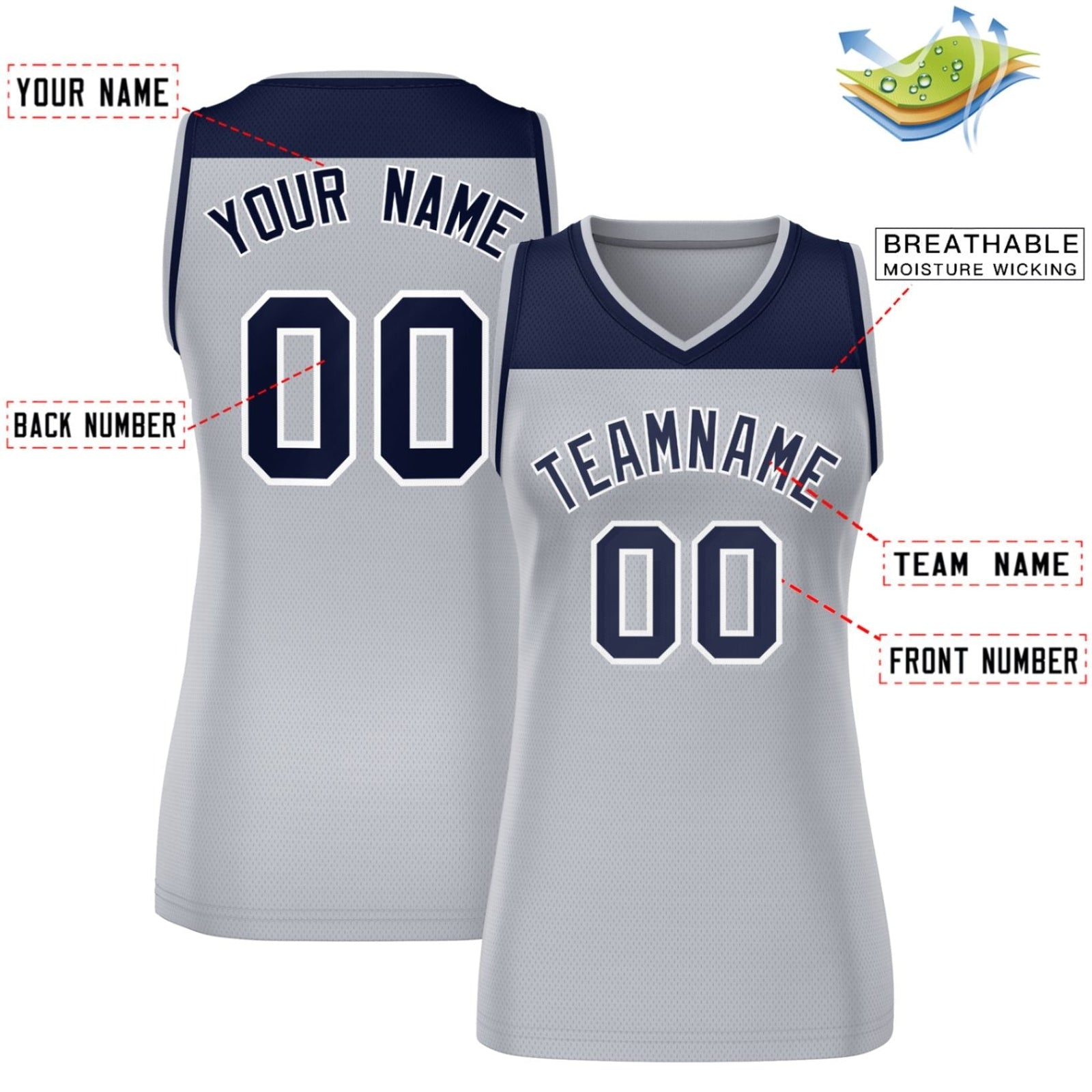 Custom Navy Gray Color Block Fashion Tops Mesh Basketball Jersey For Women