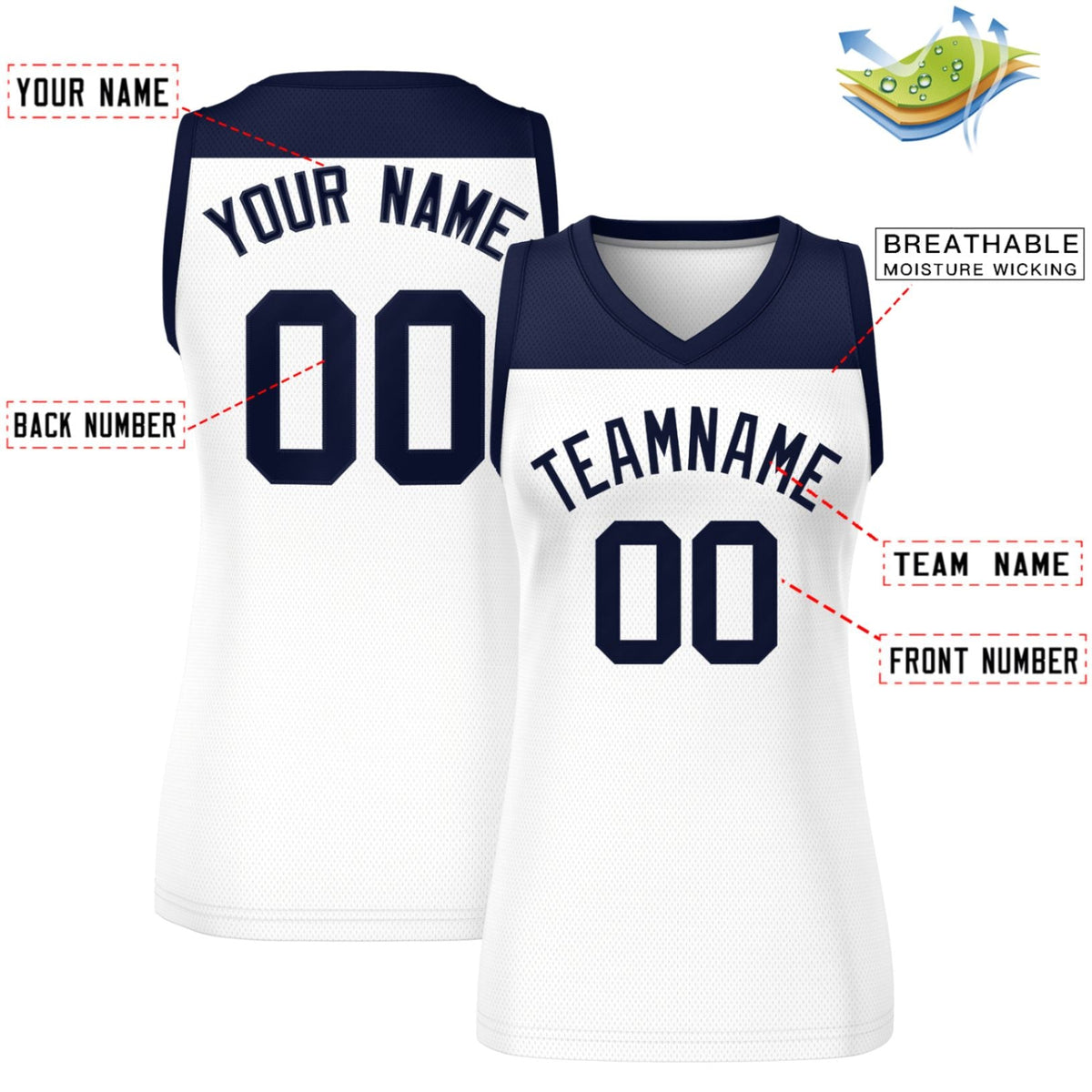 Custom Navy White Color Block Fashion Tops Mesh Basketball Jersey For Women