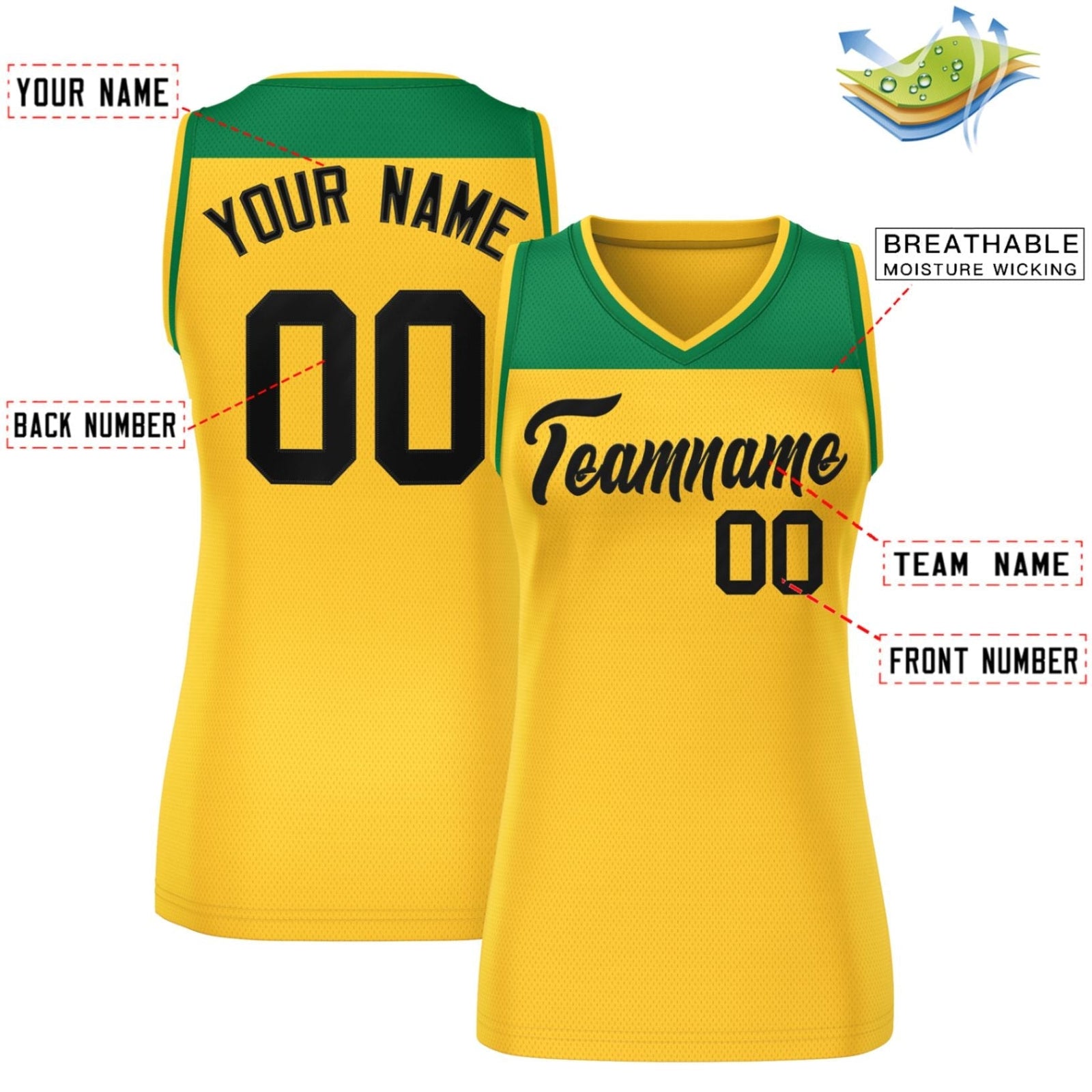 Custom Kelly Green Gold Color Block Fashion Tops Mesh Basketball Jersey For Women