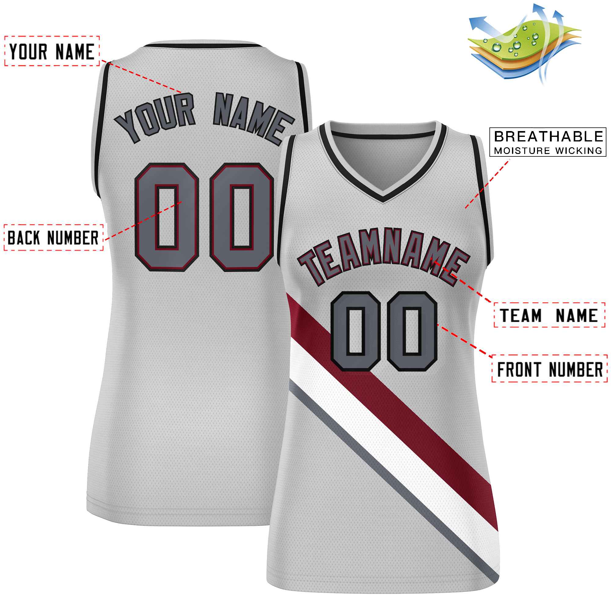 Custom Gray Black-Gray Thick Slash Fashion Tops Mesh Basketball Jersey For Women
