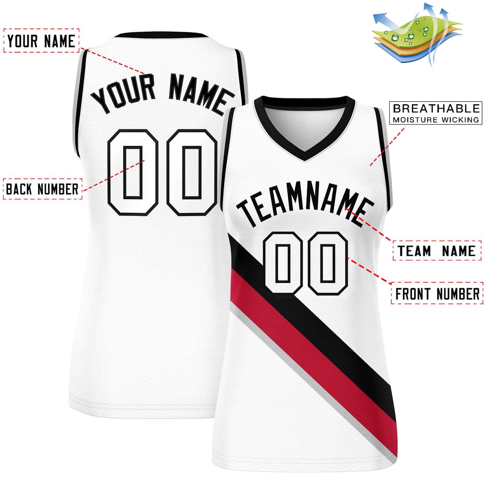 Custom White Black-Gray Thick Slash Fashion Tops Mesh Basketball Jersey For Women