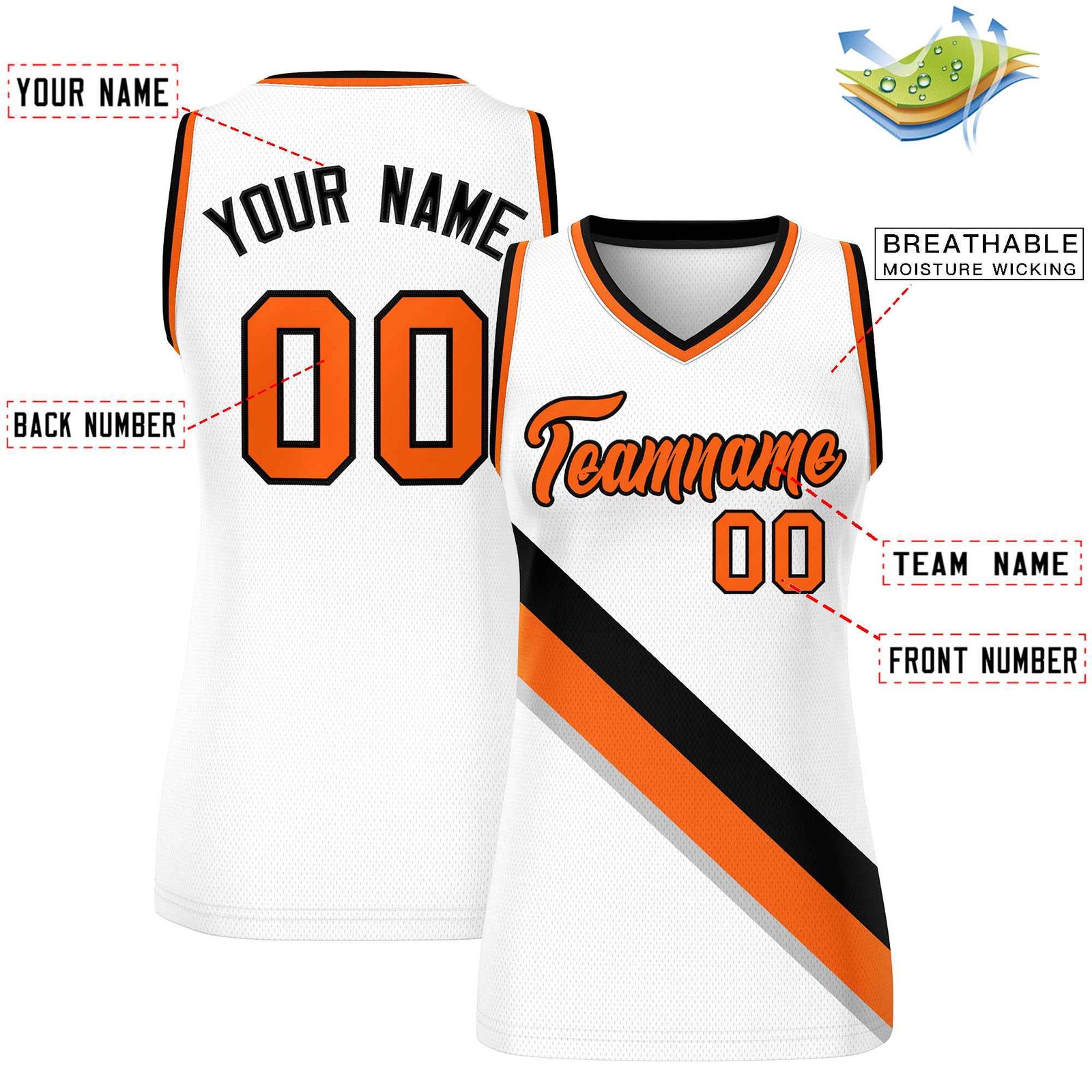 Custom White Orange-Black Thick Slash Fashion Tops Mesh Basketball Jersey For Women