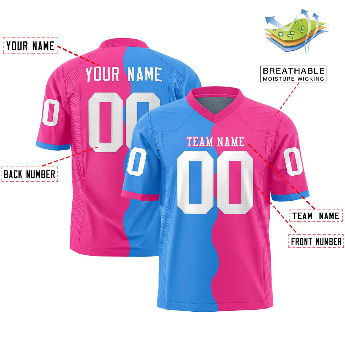 Custom Pink Powder Blue Split Fashion Mesh Authentic Football Jersey