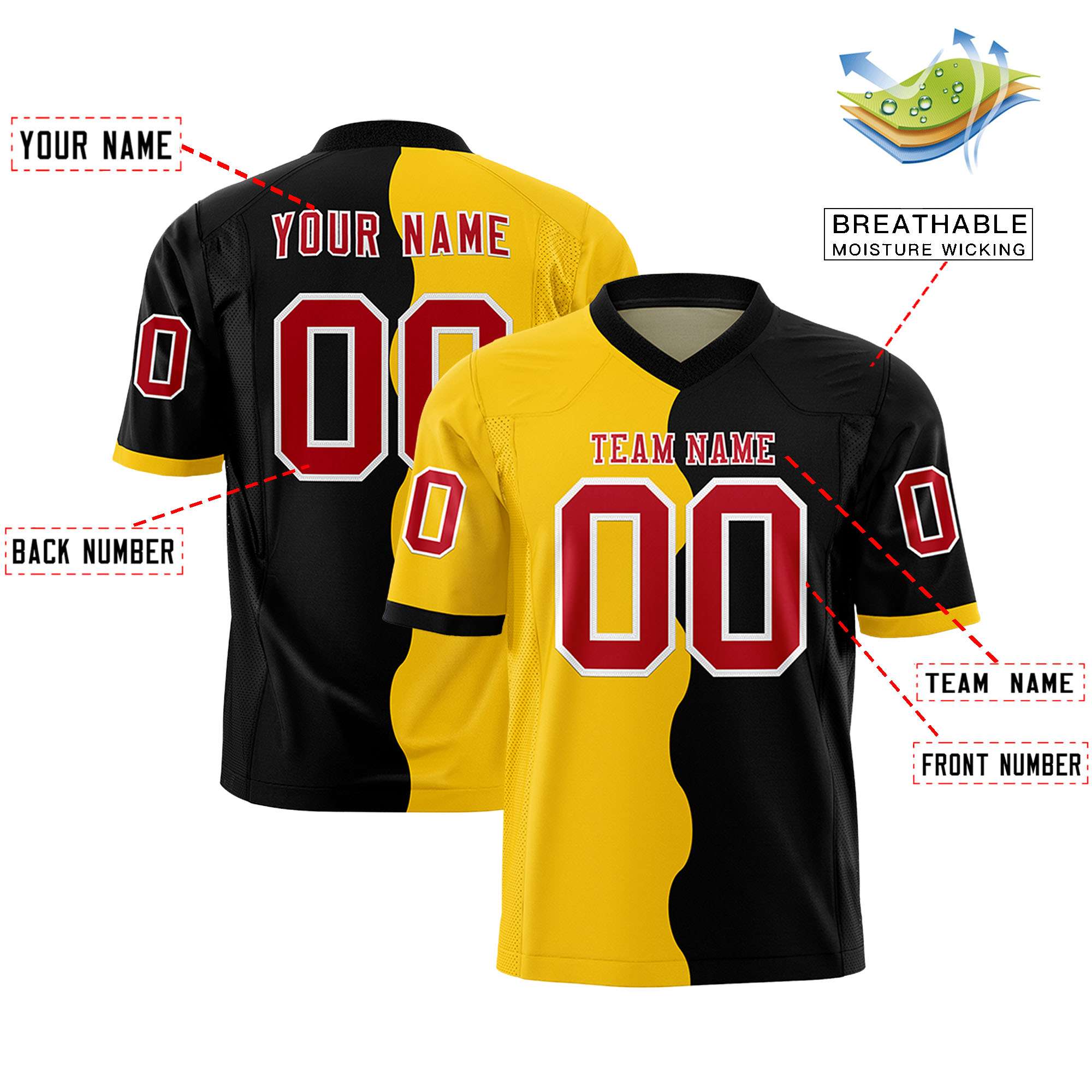 Custom Black Gold Split Fashion Mesh Authentic Football Jersey