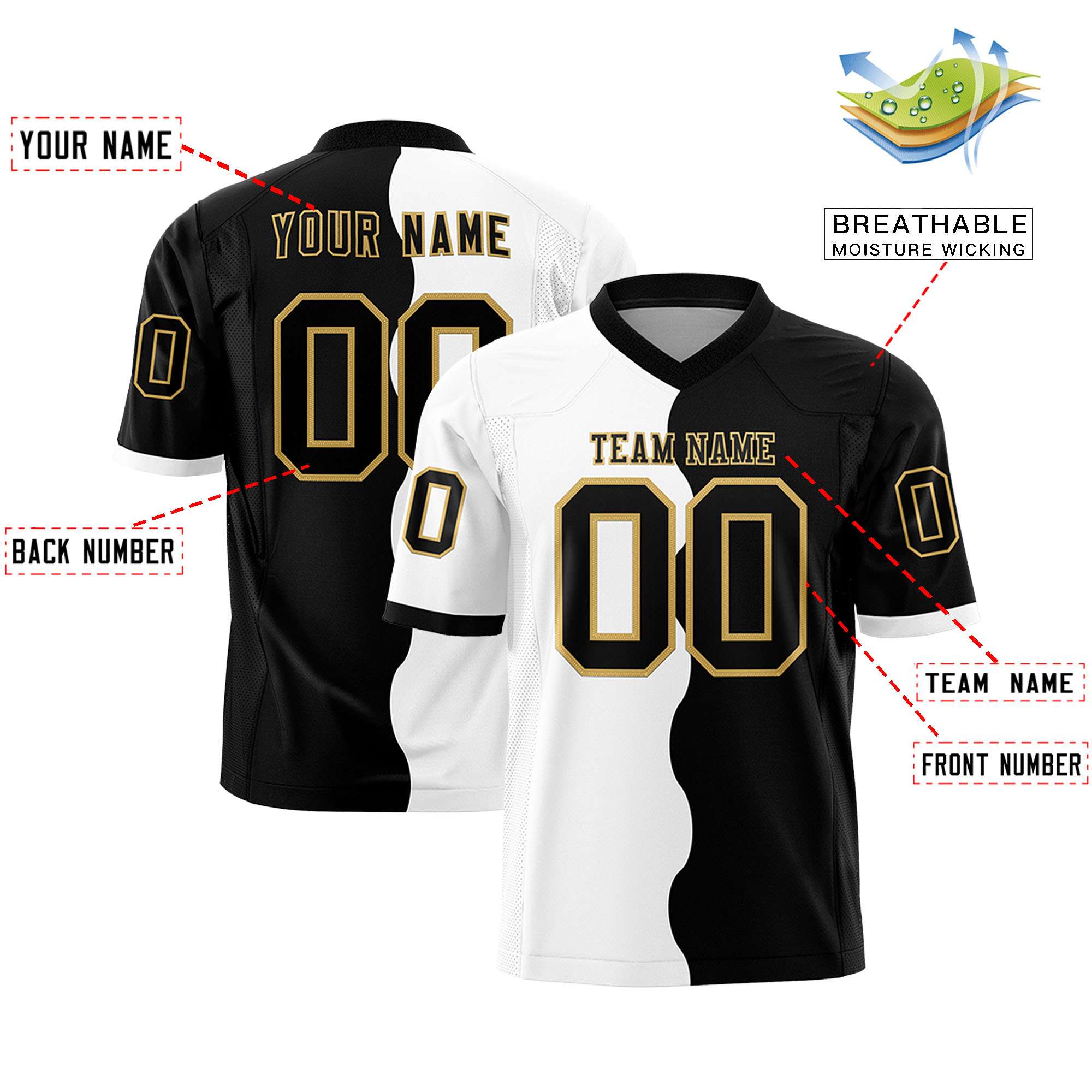 Custom Black White Split Fashion Mesh Authentic Football Jersey