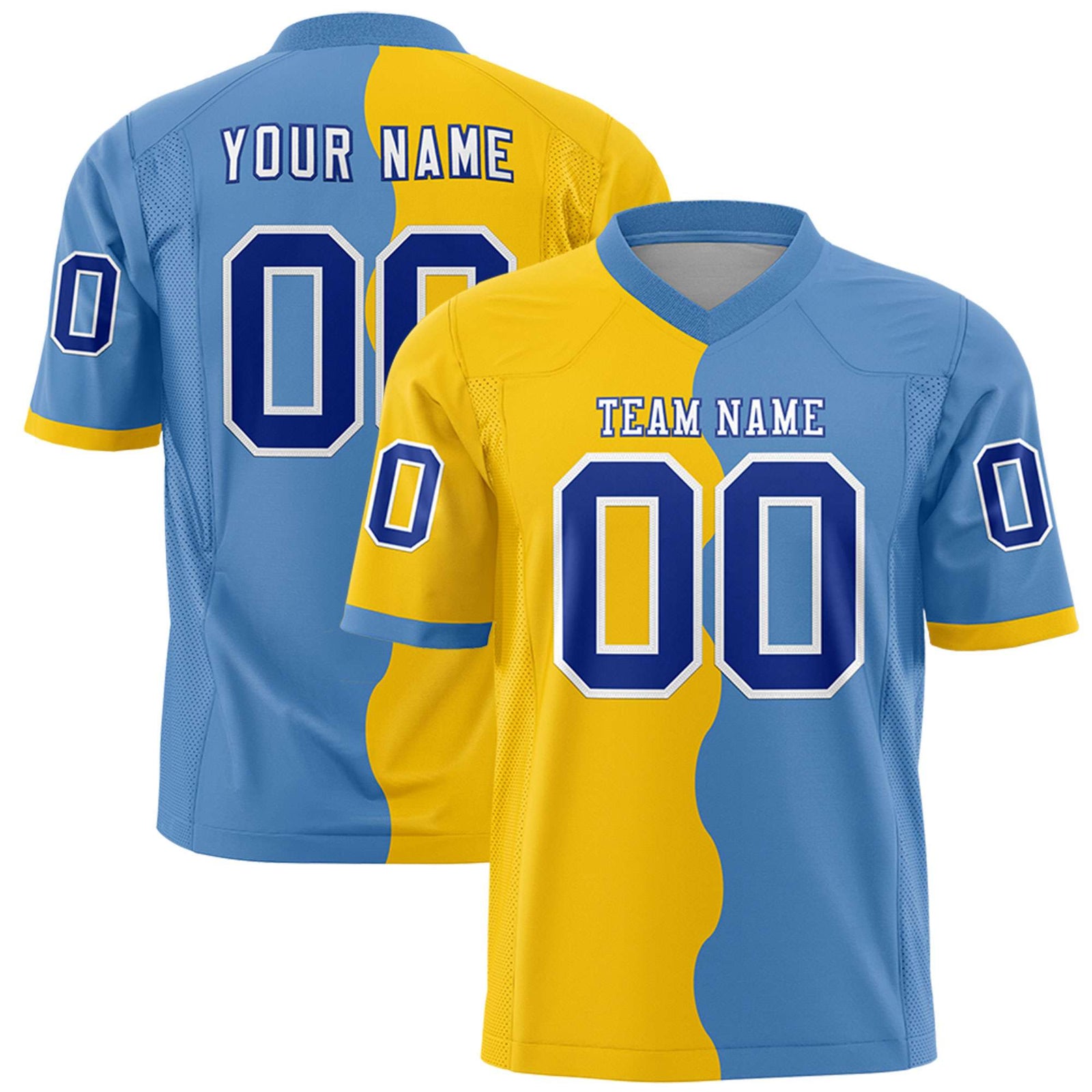 Custom Light Blue Gold Split Fashion Mesh Authentic Football Jersey
