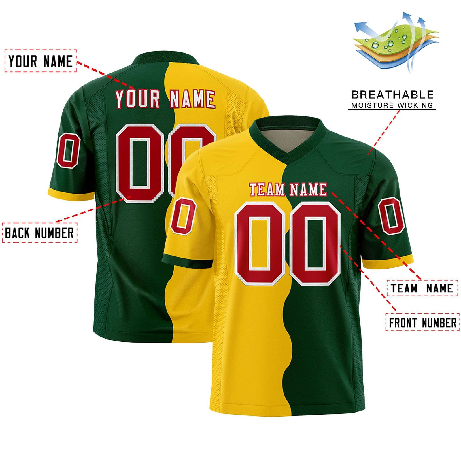 Custom Green Gold Split Fashion Mesh Authentic Football Jersey