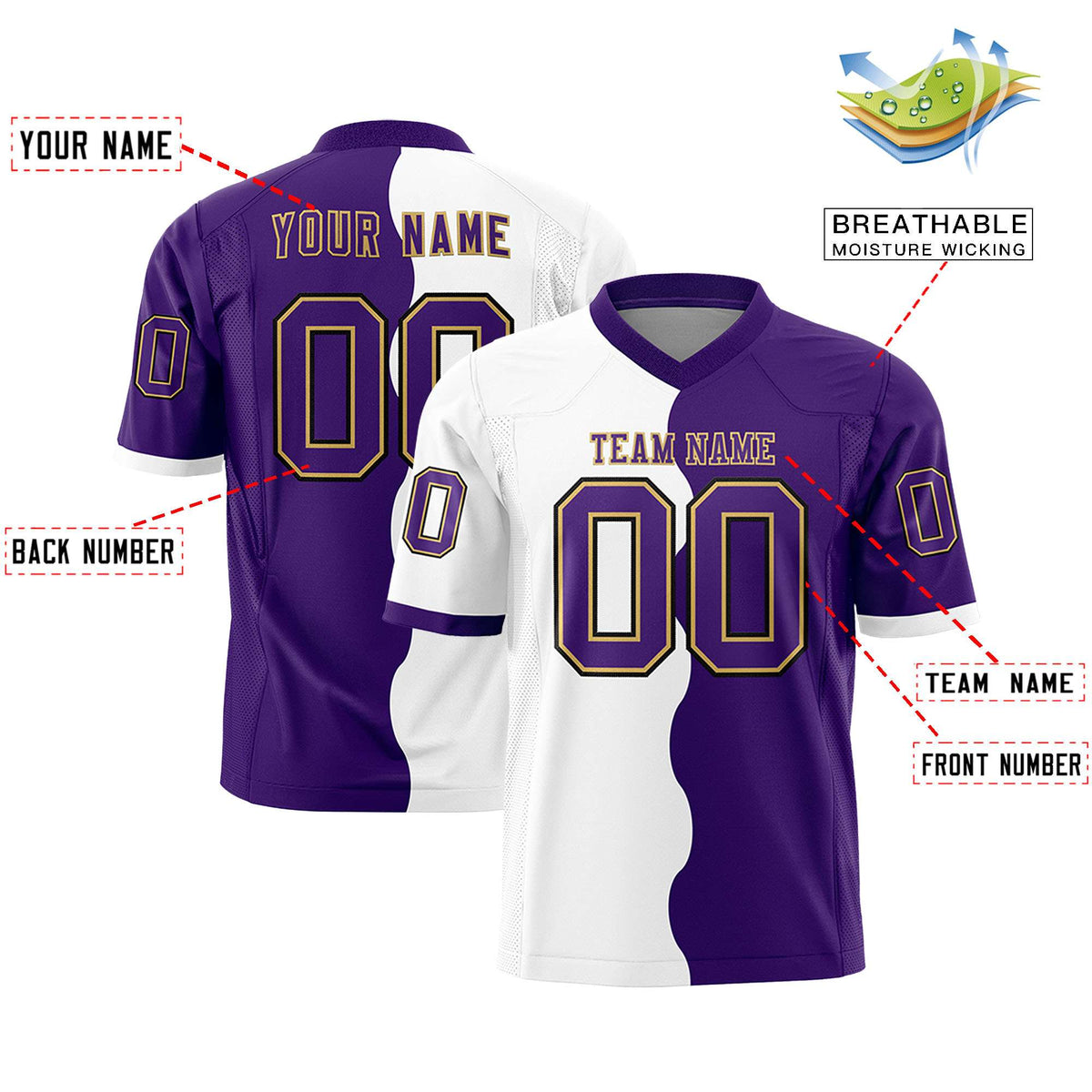 Custom Purple White Split Fashion Mesh Authentic Football Jersey