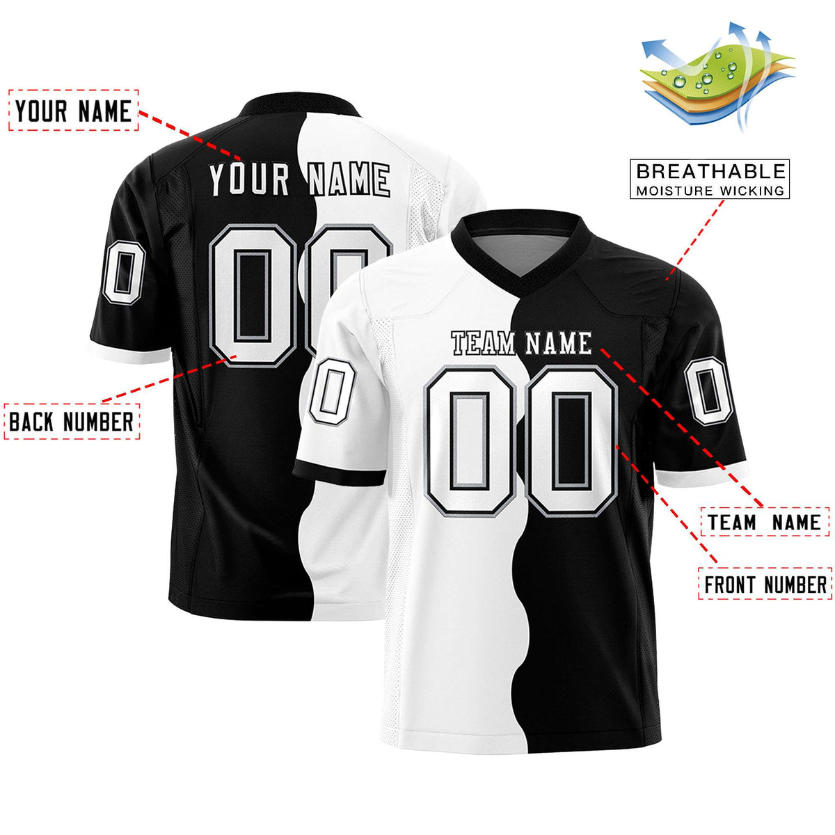 Custom Black White Split Fashion Mesh Authentic Football Jersey