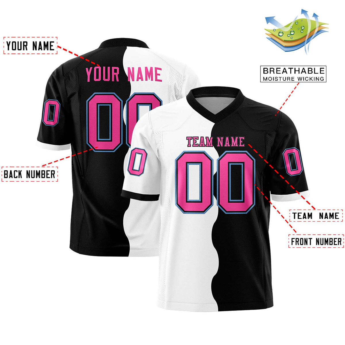 Custom Black White Split Fashion Mesh Authentic Football Jersey