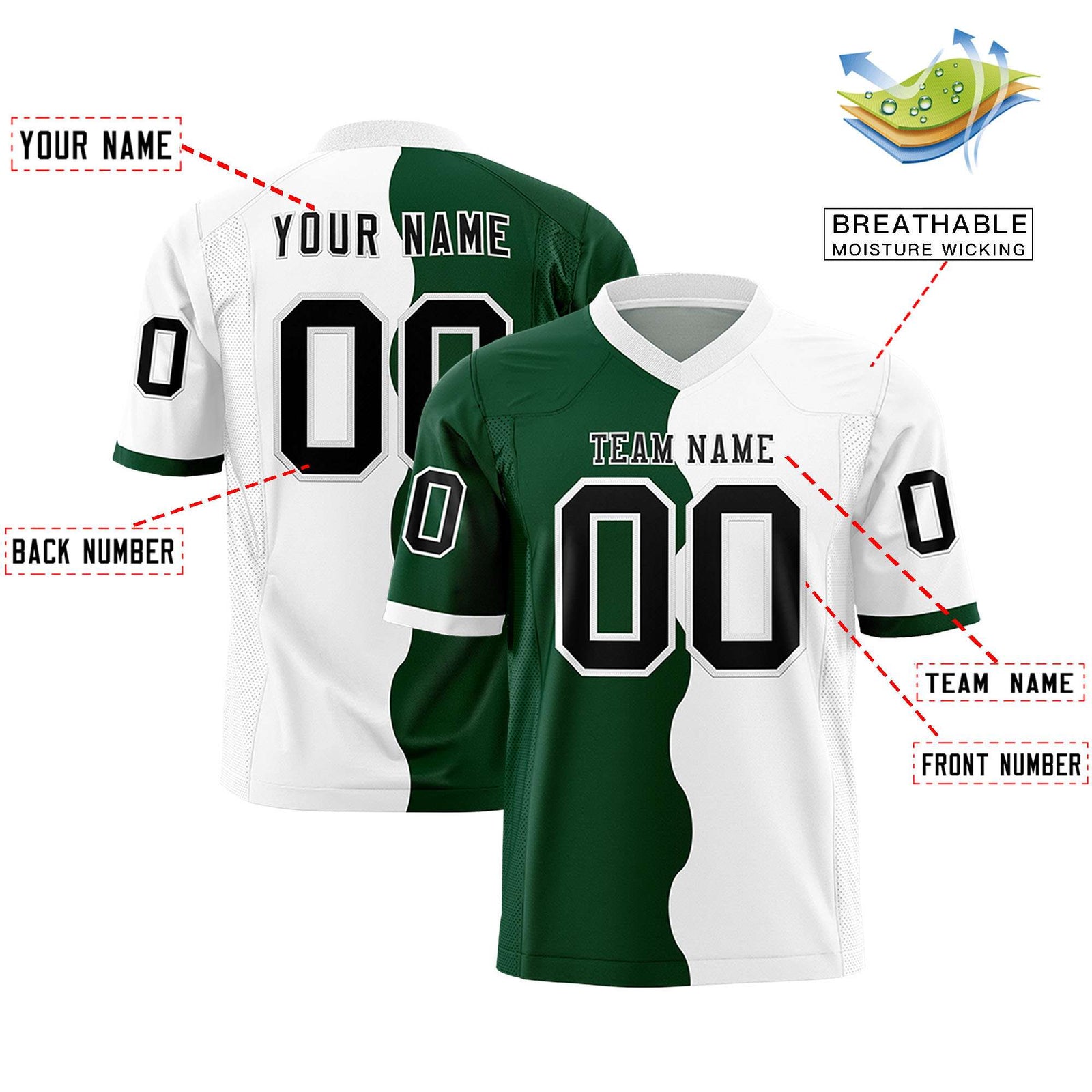 Custom White Green Split Fashion Mesh Authentic Football Jersey
