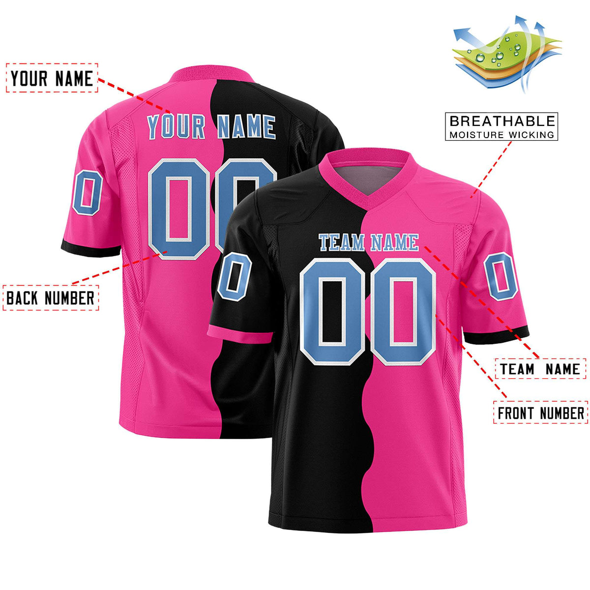 Custom Pink Black Split Fashion Mesh Authentic Football Jersey