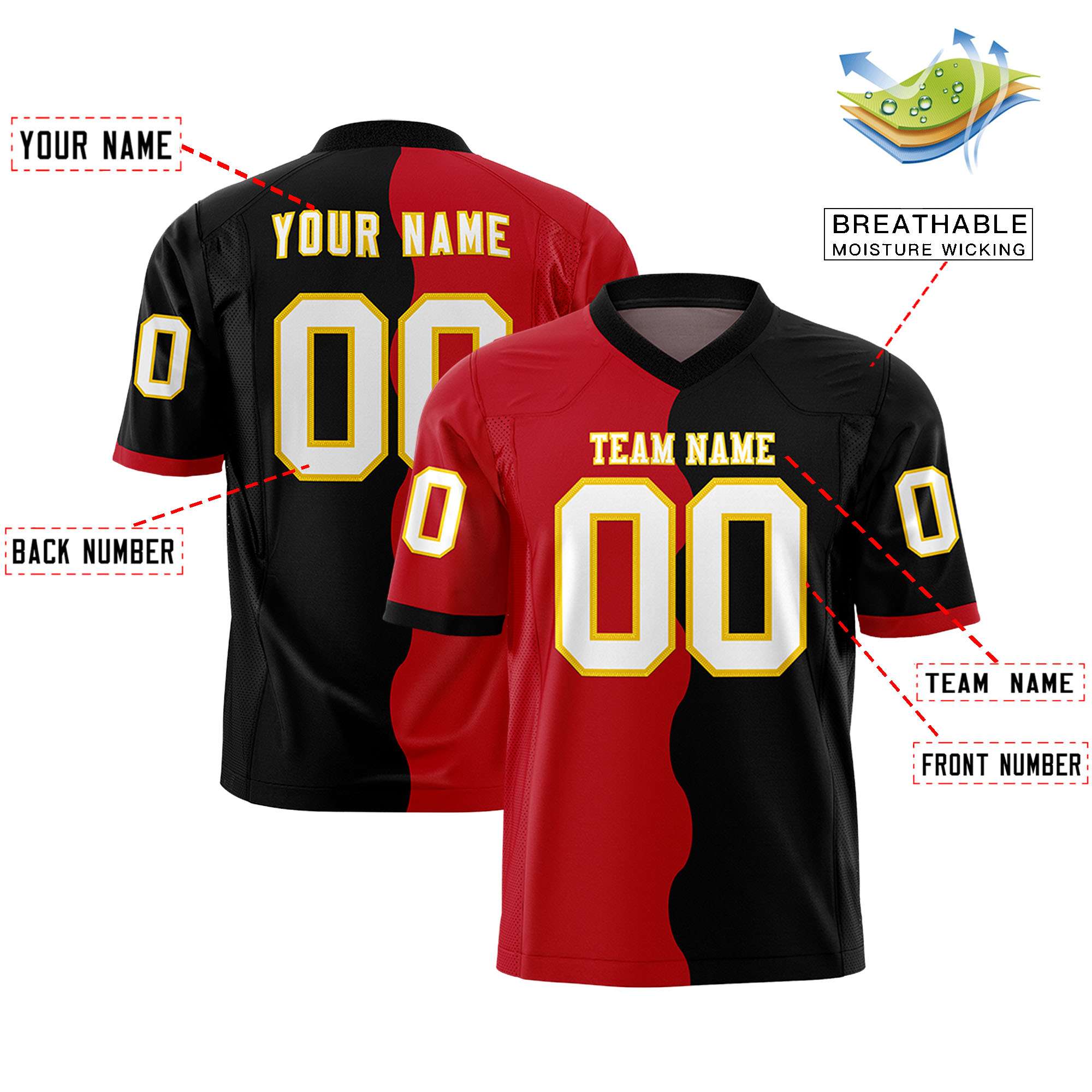 Custom Black Red Split Fashion Mesh Authentic Football Jersey
