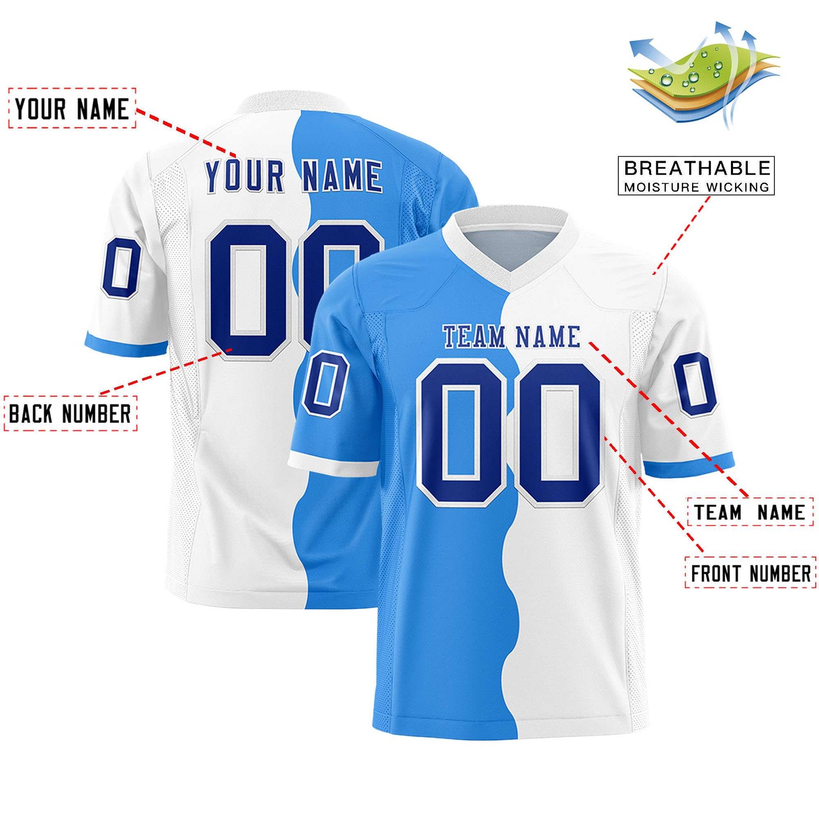 Custom White Powder Blue Split Fashion Mesh Authentic Football Jersey