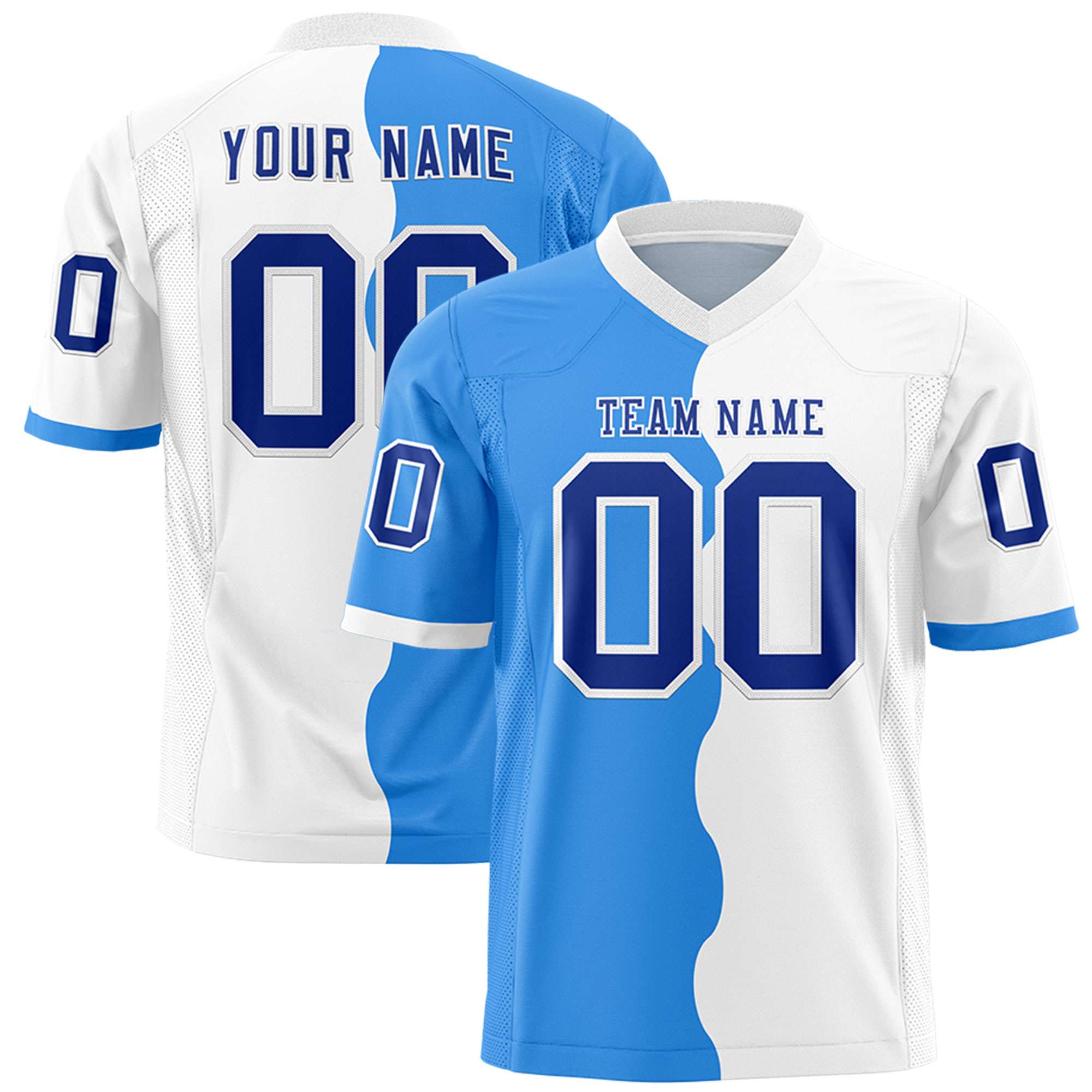 Custom White Powder Blue Split Fashion Mesh Authentic Football Jersey