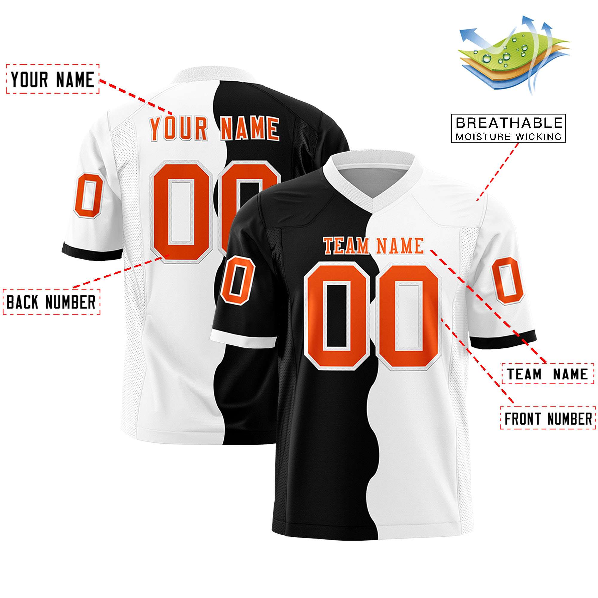 Custom White Black Split Fashion Mesh Authentic Football Jersey
