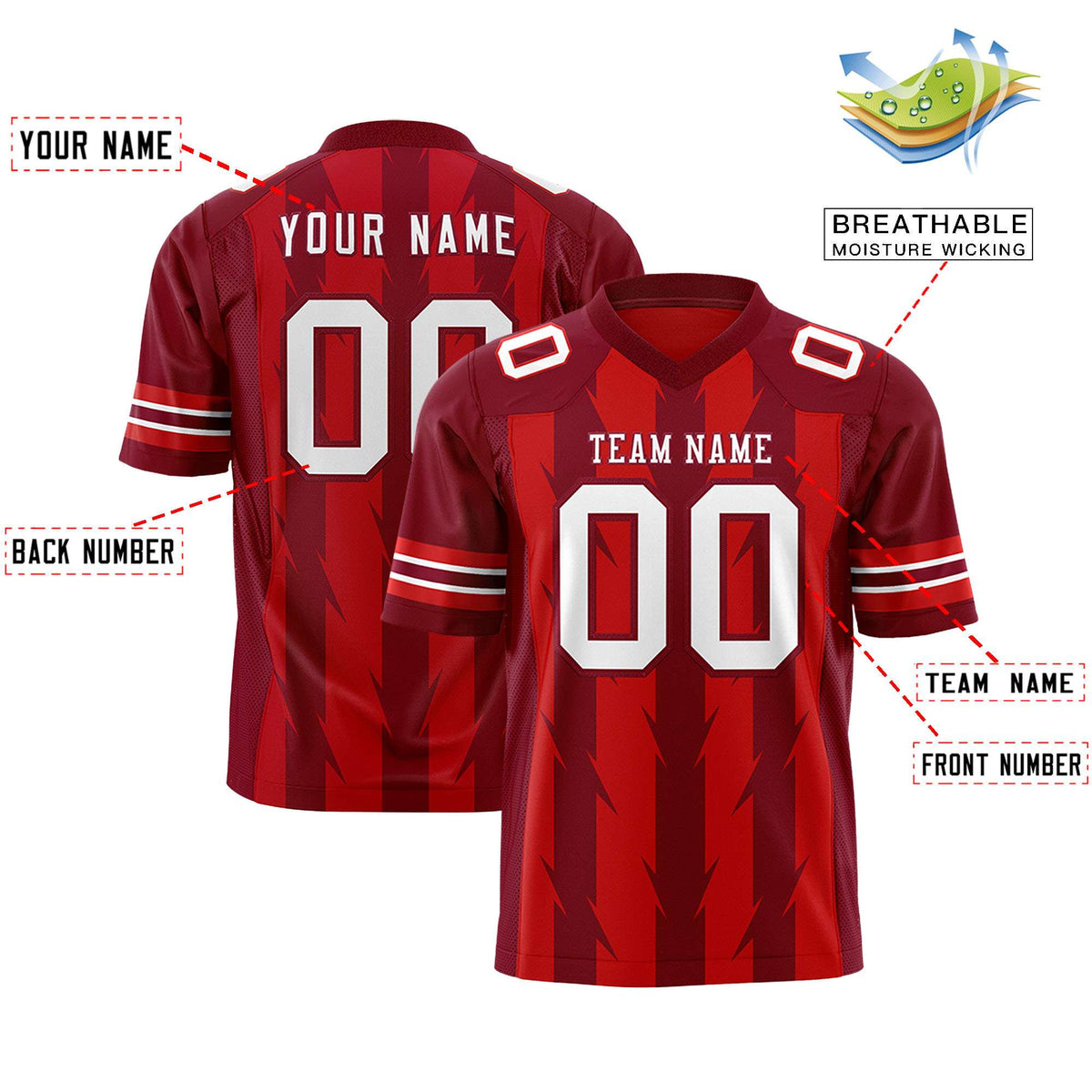 Custom Red Crimson Personalized Razr Stripe Graffiti Pattern Flag Football Jersey