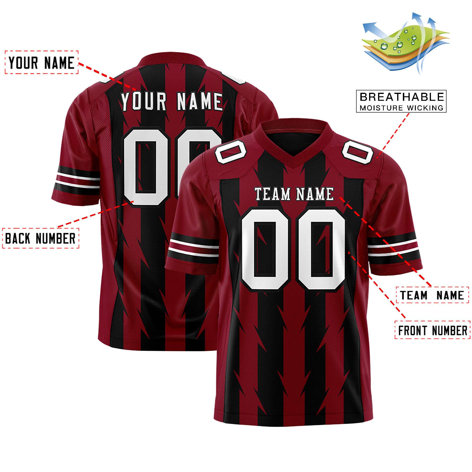 Custom Black Crimson Personalized Razr Stripe Graffiti Pattern Flag Football Jersey